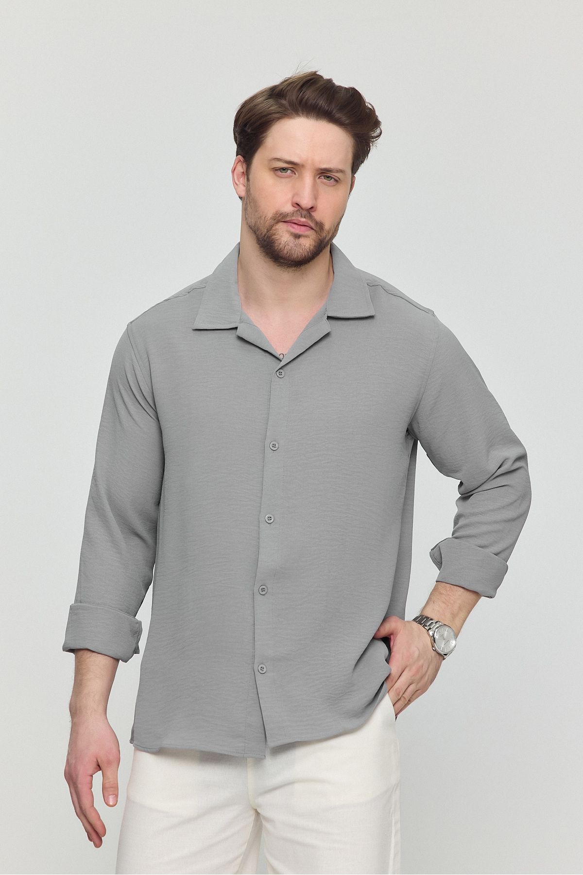 Gray Clothing Yazlık Keten Dokulu Bol Kalıp Oversize Salaş Uzun Kollu Erkek Gömlek Gri
