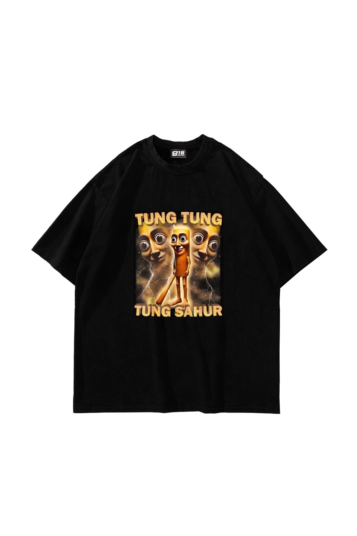 Sekizbiraltı Tung Tung Tung Sahur Baskılı Oversize Unisex Siyah Tshirt