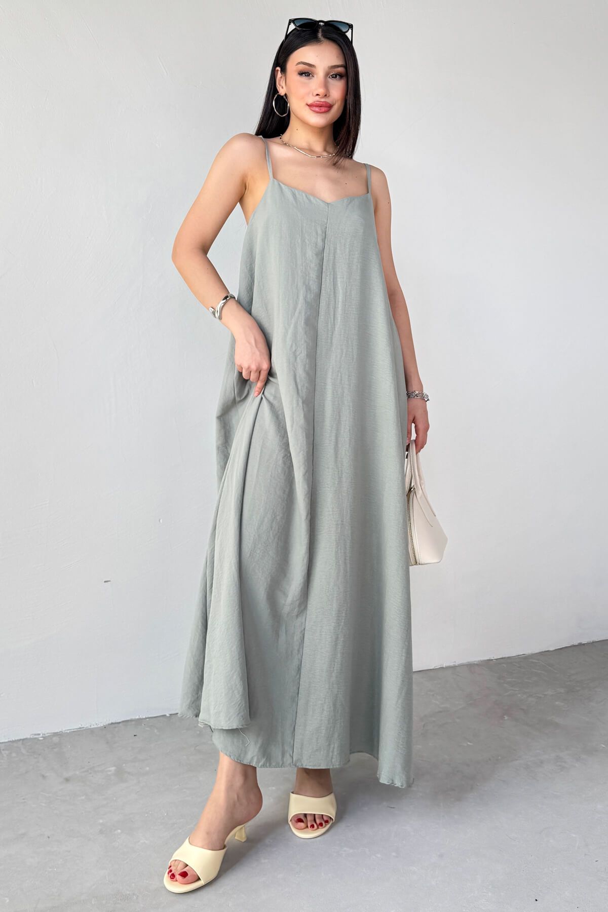 Cappmoda ELB-2975 Haki Ayarlanabilir Askılı Midi Boy Elbise