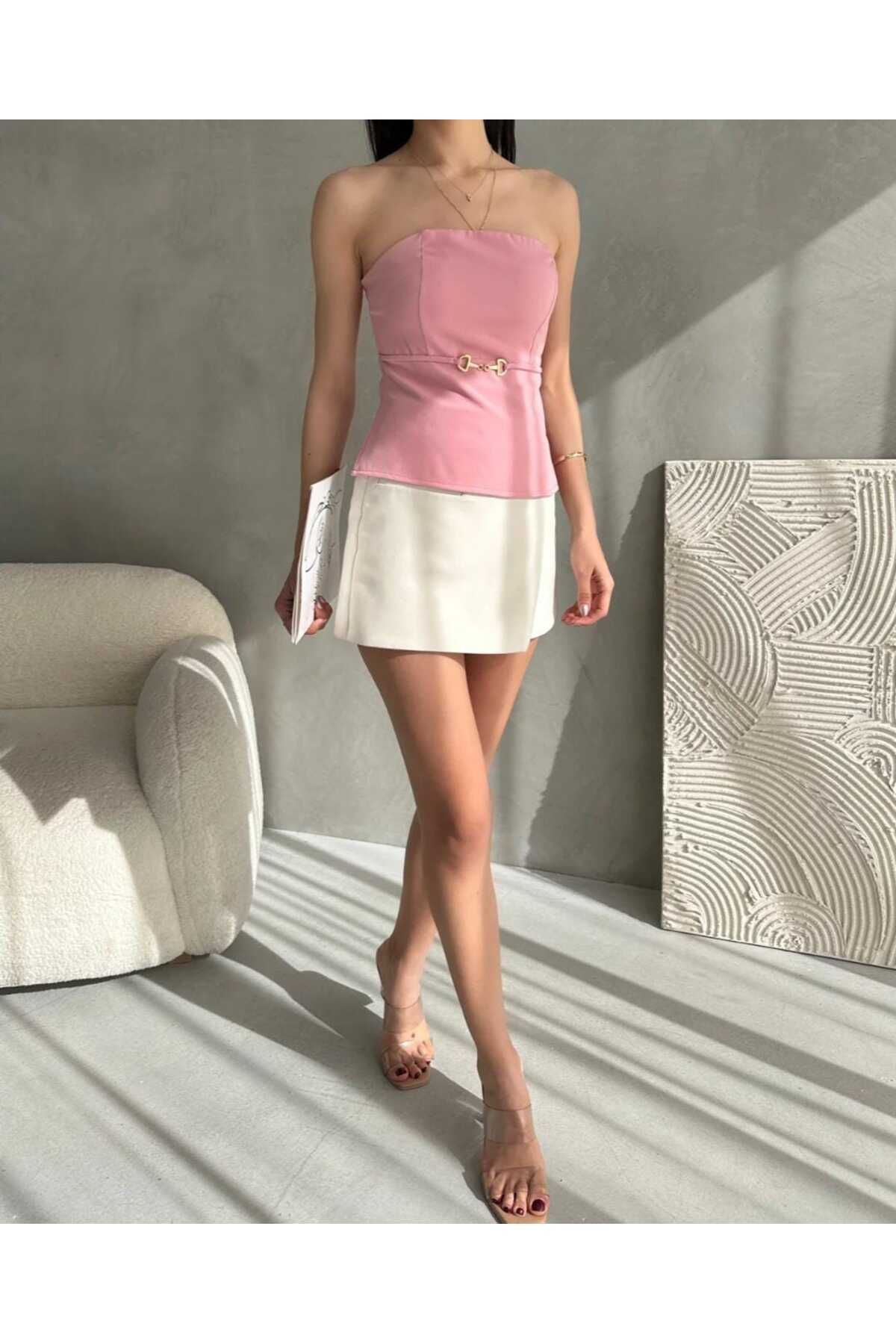 zienna Straplez Beli Toka Detaylı Crep Bluz