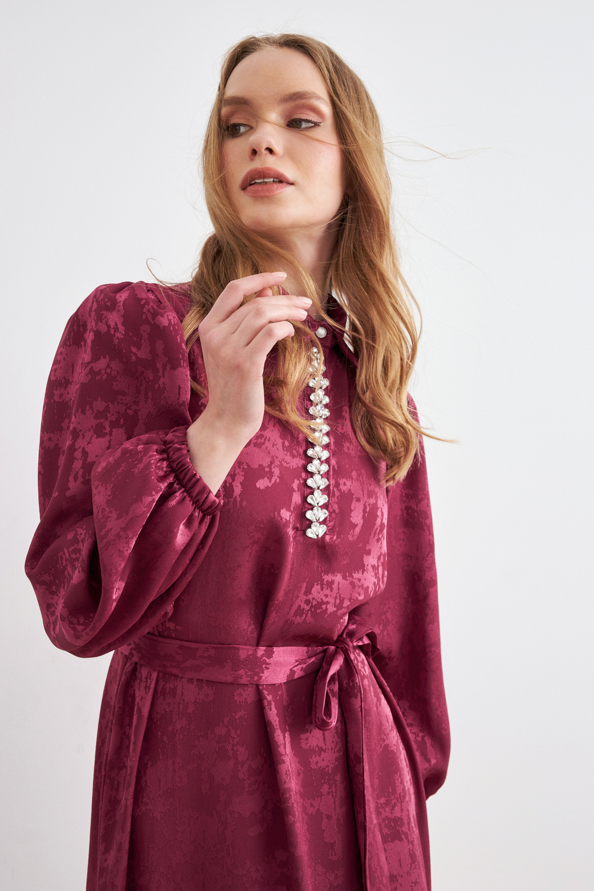 VAVİNOR-Mayra Stone Jacquard Dress - Claret Red 2