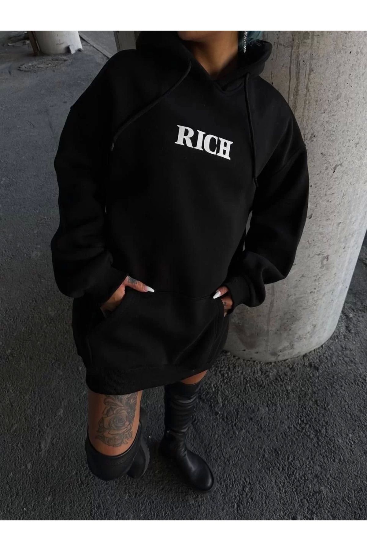 CVS Uzun Kol Kapüşonlu Göğüs Baskılı SweatShirt - Siyah