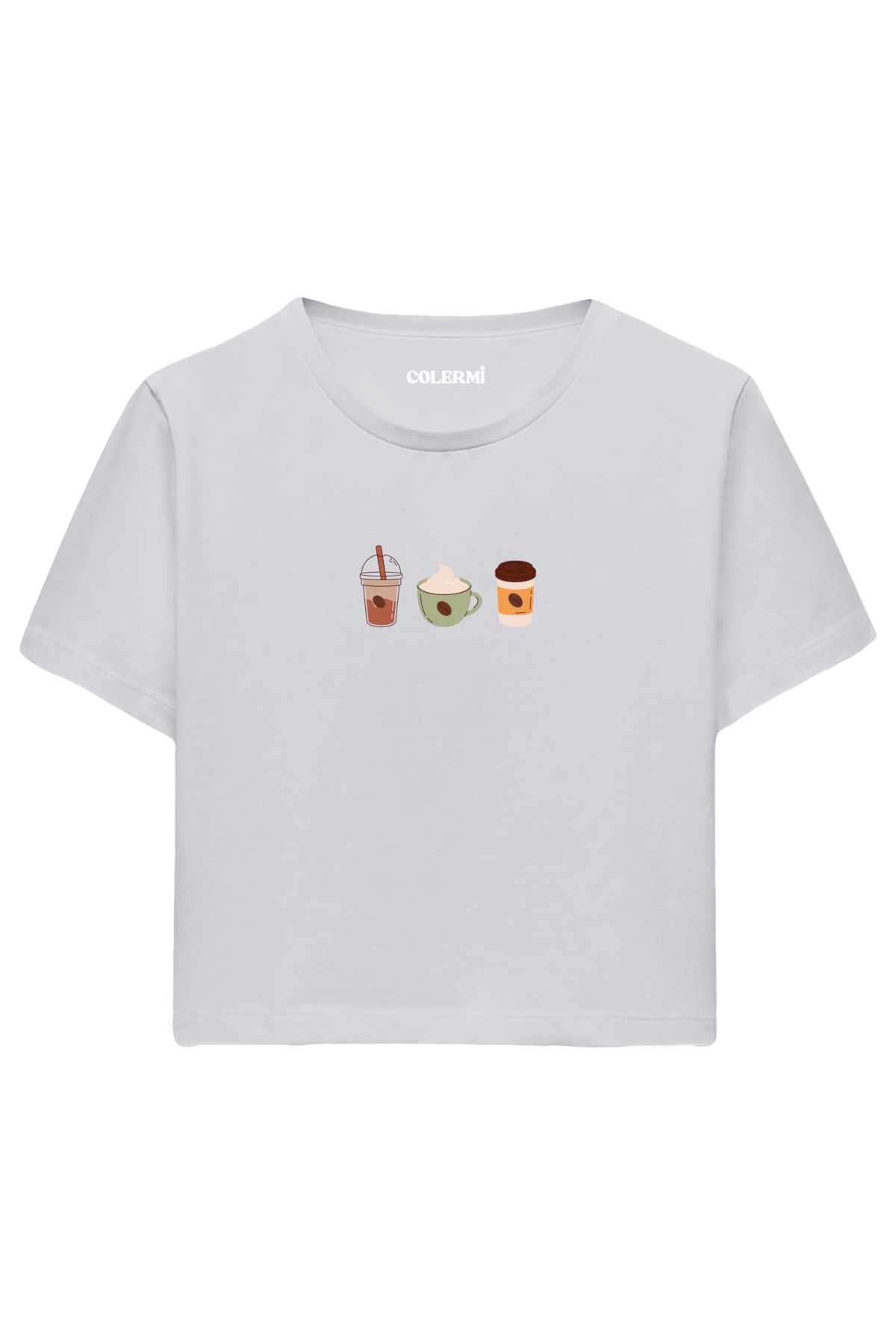 Colermi Günlük Kahve Üçlüsü Baskılı %100 Pamuk Kadın Crop Tshirt