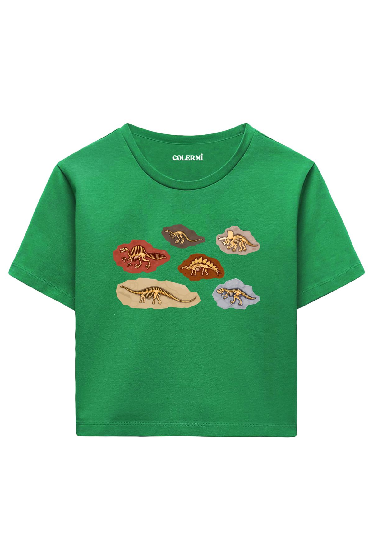 Colermi Dinozor Fosil Baskılı %100 Pamuk Kadın Crop Tshirt