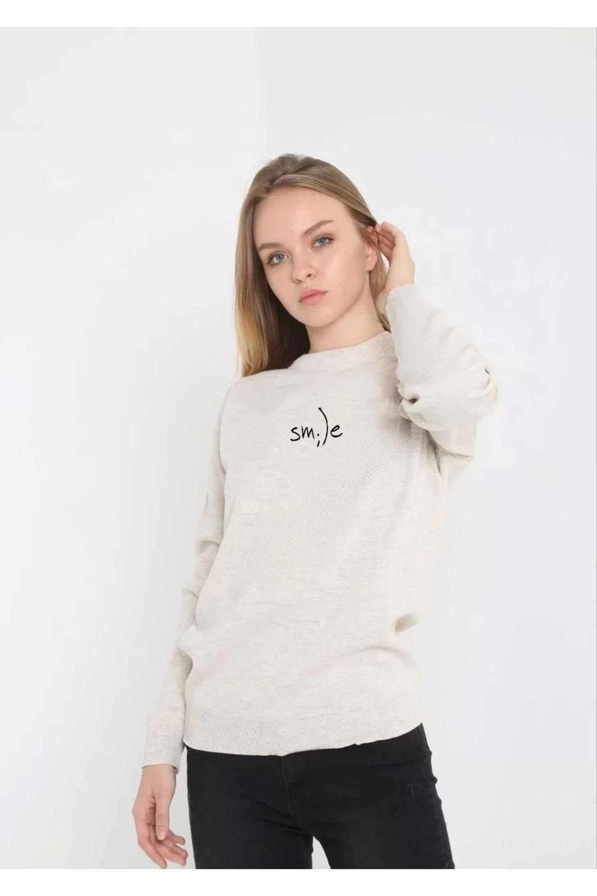 CVS Unisex Bisiklet Yaka Baskılı Dokuma Triko - Bej
