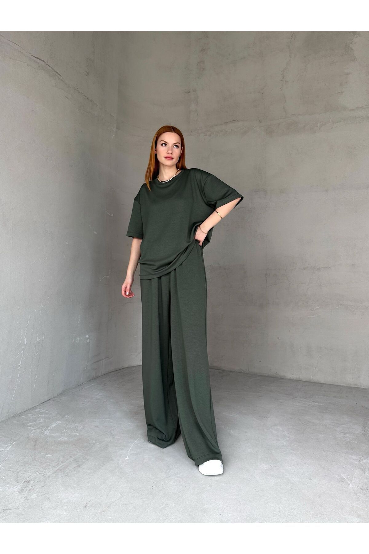 Cappmoda TKM-1113 Haki Modal Kumaş Yarım Kol Basic Bluz Palazzo Bel Lastikli Alt İkili Takım