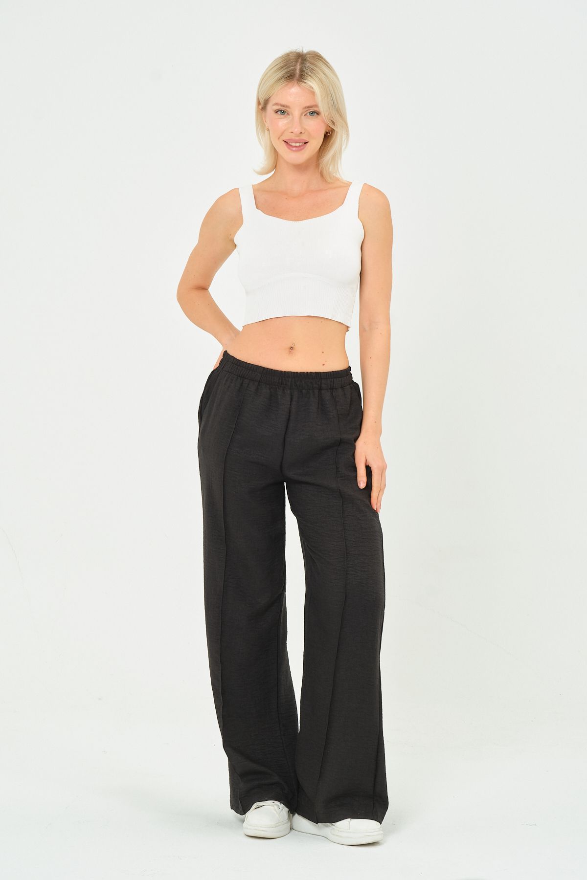 Shilya Fashion Keten Karışımlı Oversize Önden Dikiş İşlemeli Beli Lastikli Bol Pantolon