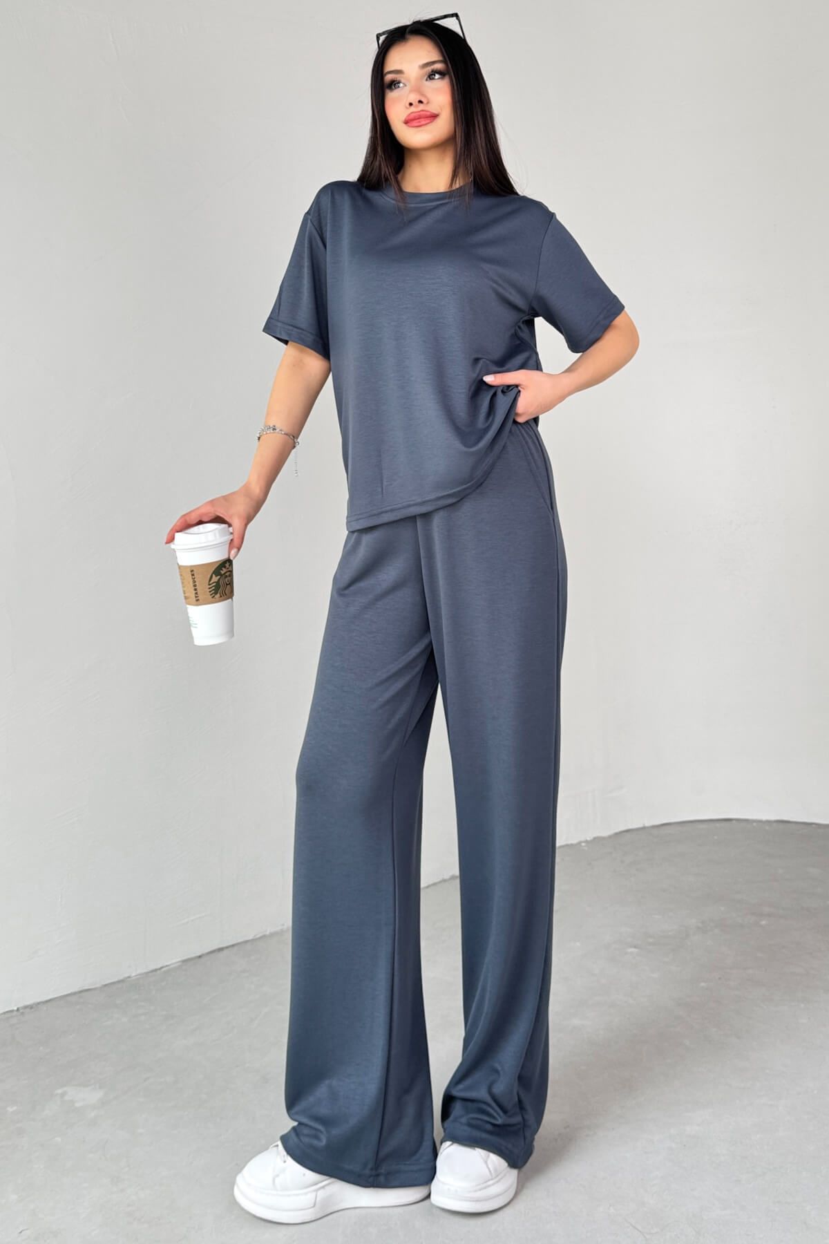 Cappmoda TKM-13265 Füme Bisiklet Yaka Tişört Lastikli Salaş pantolon İkili Takım