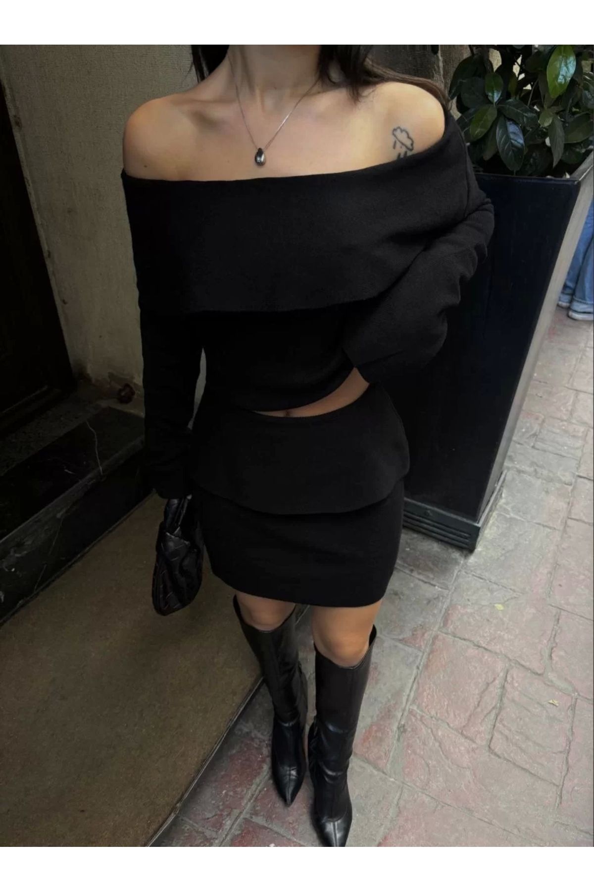 CVS Straplez , Madonna , Carmen Yaka Croplu Mini Etekli ikili Takım Triko - Siyah