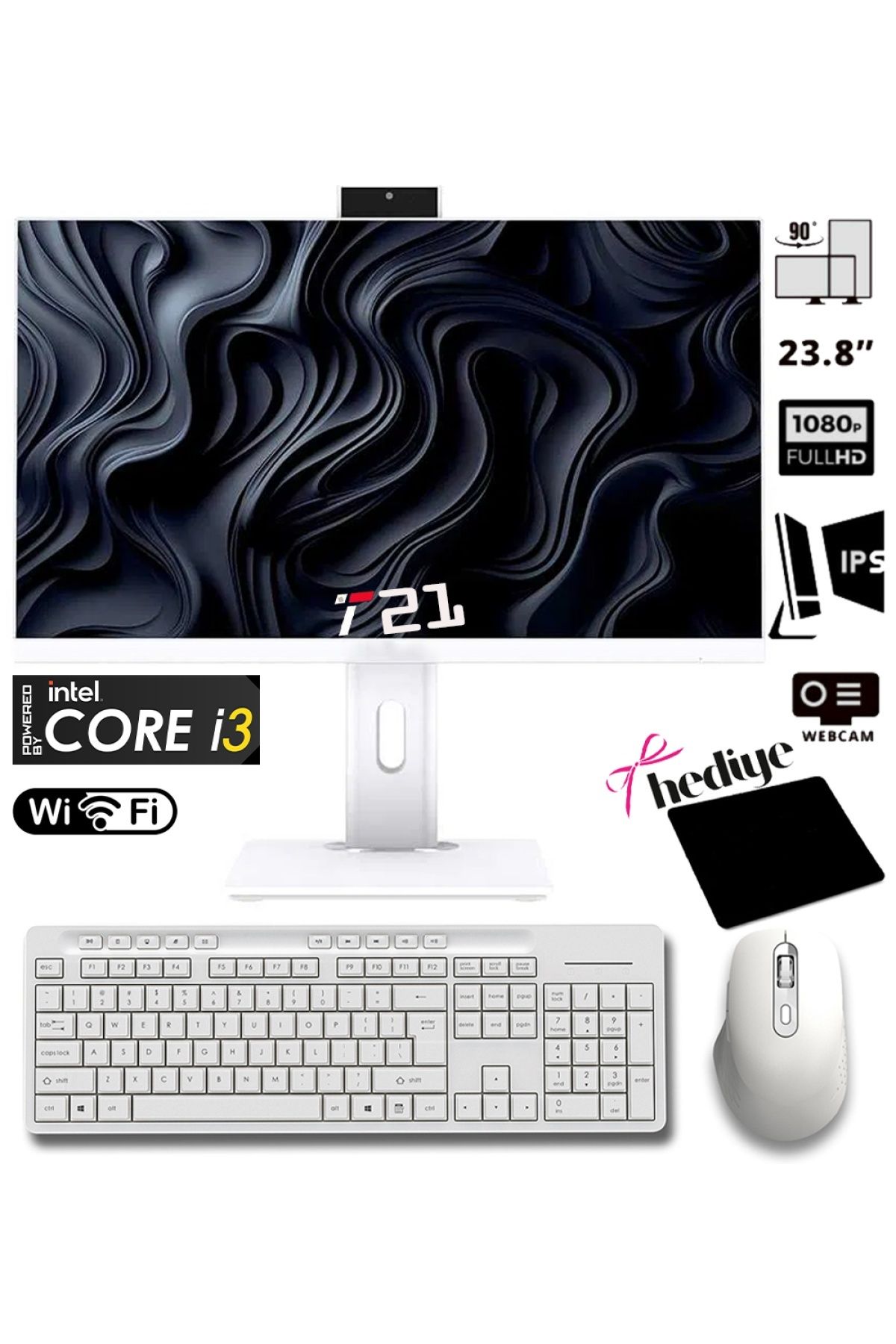 J-TECH T21 i3-2100 16GB RAM 128GB SSD 24" Pivot Webcam WiFi All in One Bilgisayar