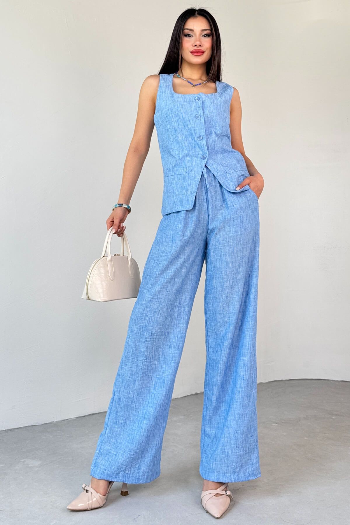 Cappmoda TKM-13275 Mavi Kare Yaka Yelek Bağlamalı Pantolon Keten İkili Takım