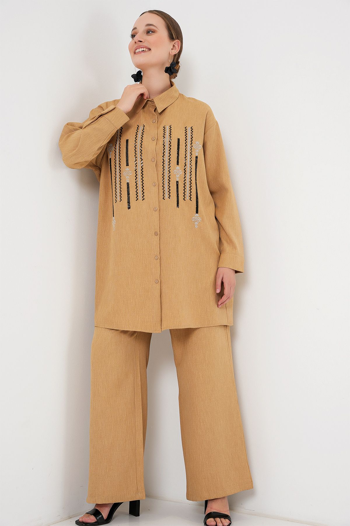 Bigdart-Patterned Tunic Trousers Double Set 6720 - Biscuit 4