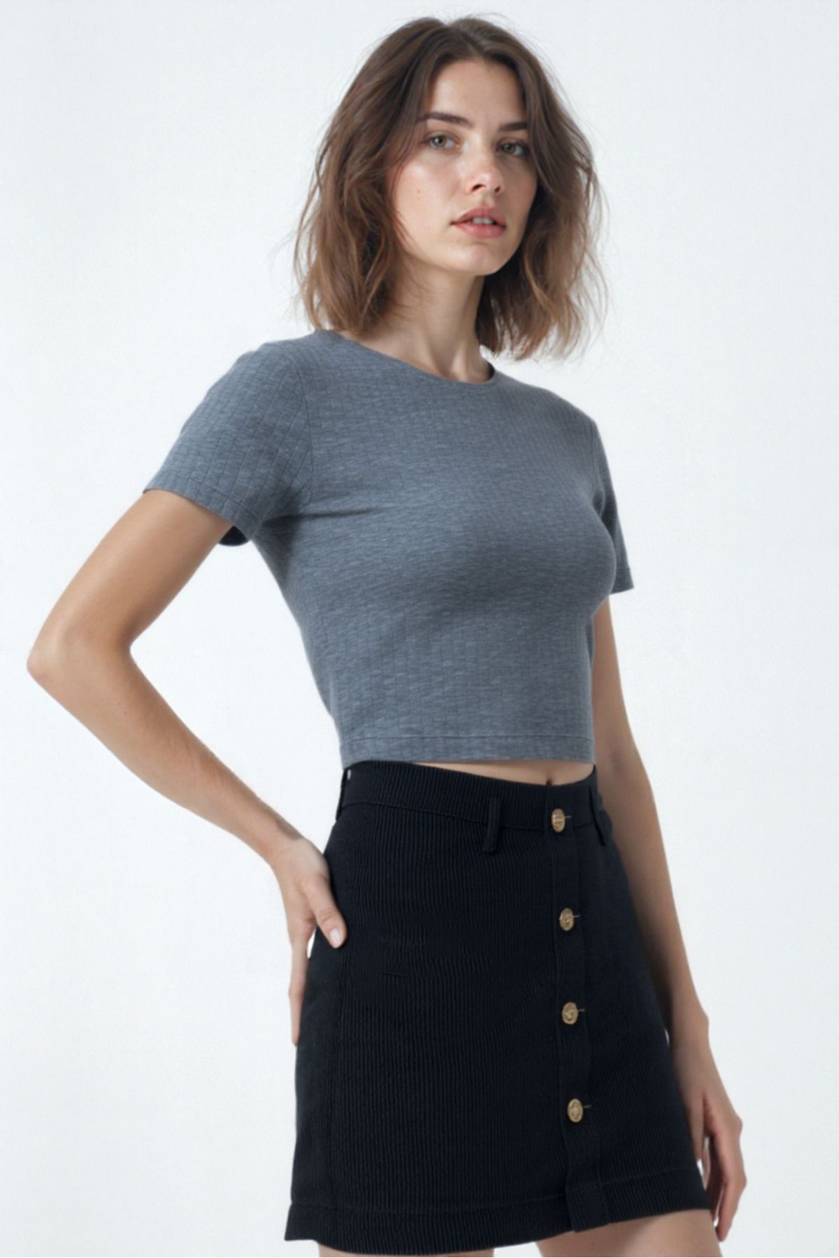 WESTMARK LONDON Gri Melanj Çizgili Bisiklet Yaka Kısa Kollu Kadın Crop T-Shirt SANDY S/S TOP