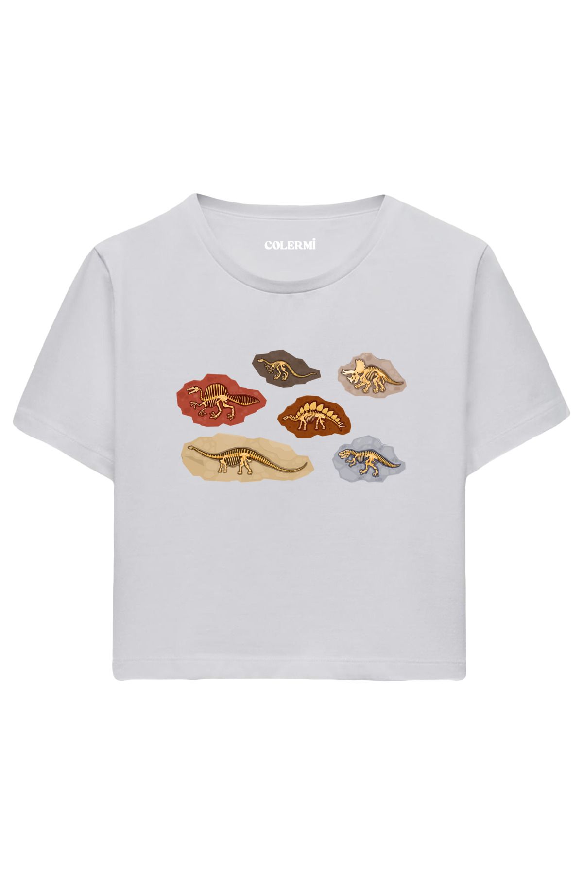 Colermi Dinozor Fosil Baskılı %100 Pamuk Kadın Crop Tshirt