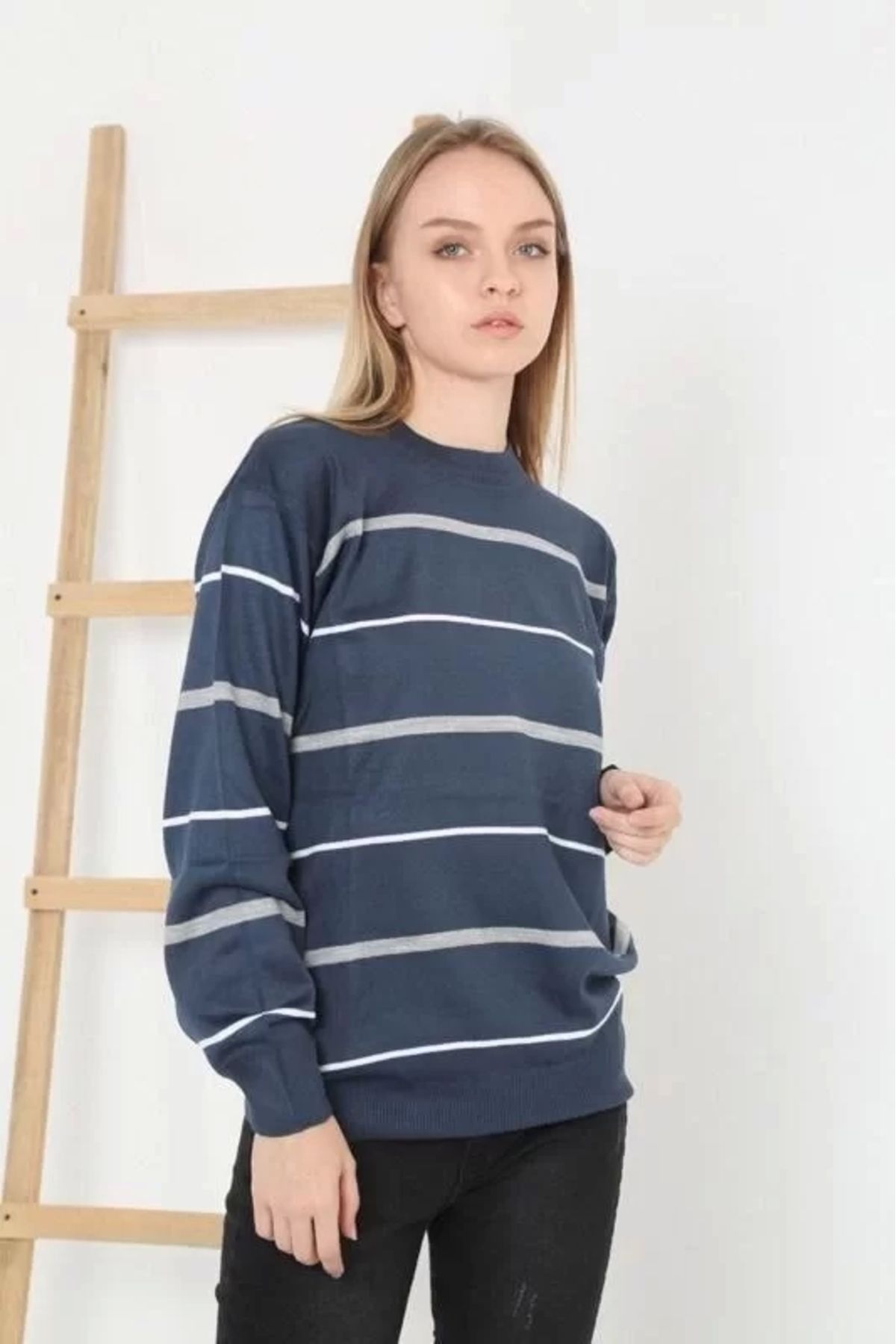 CVS Unisex İnce Çizgili Bisiklet Yaka Triko Kazak - Lacivert