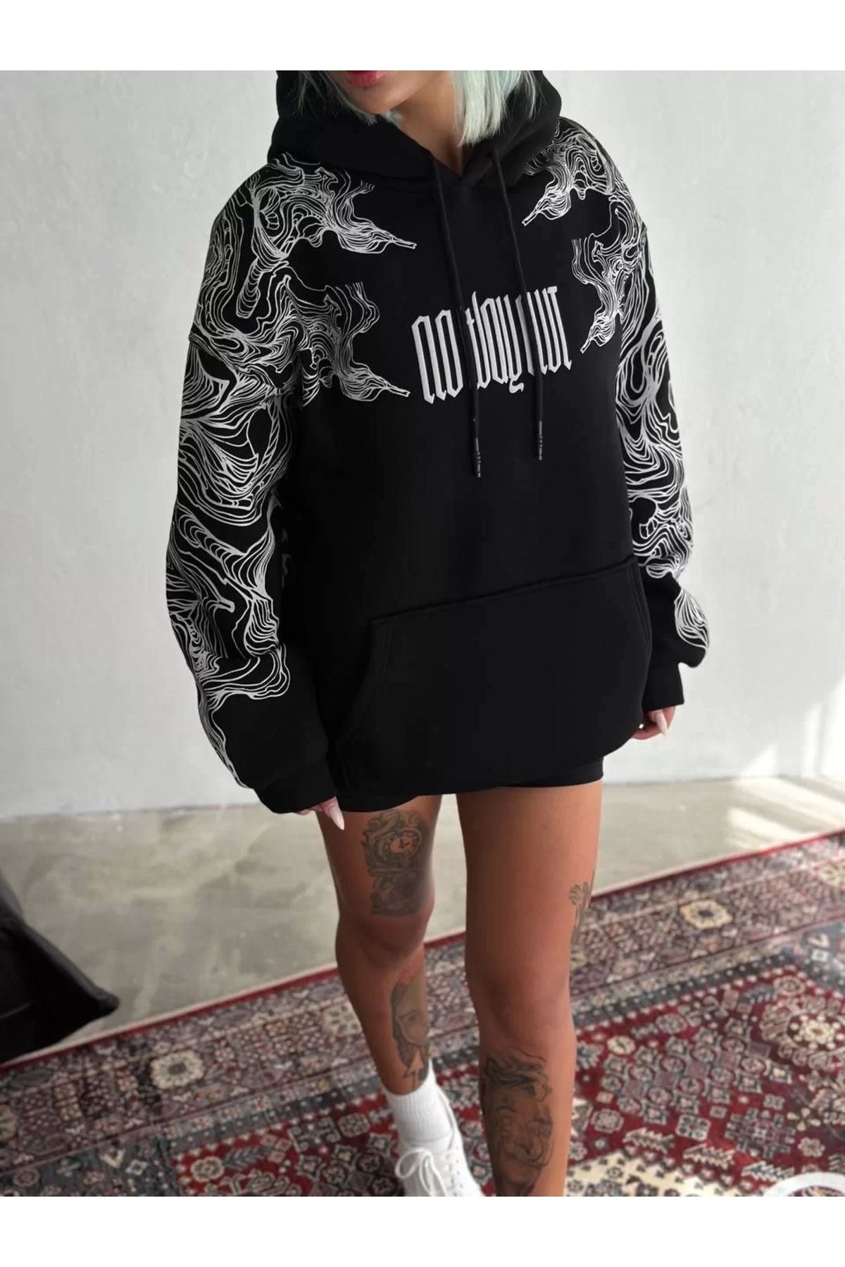 CVS Kışlık Üç İplik Baskılı Kapşonlu SweatShirt - Siyah