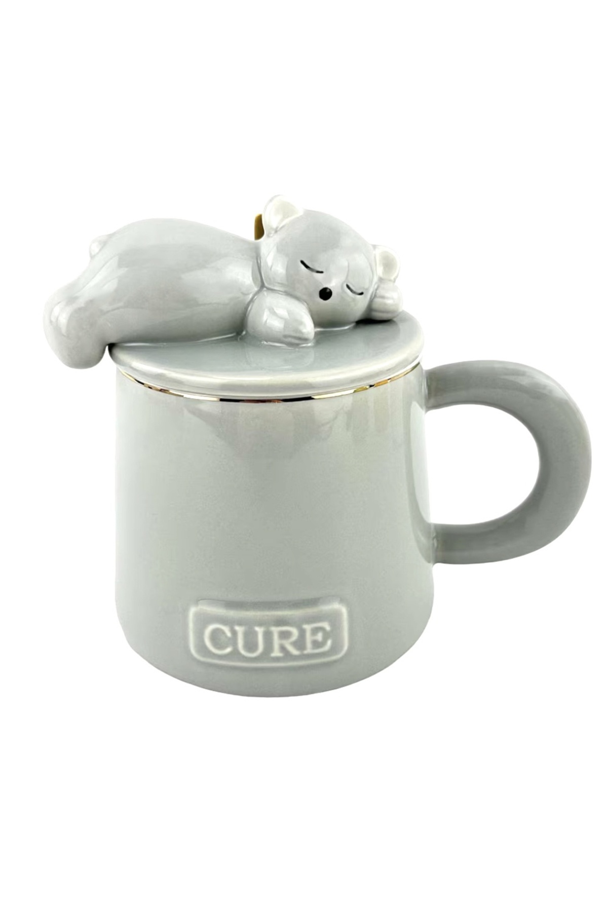 PUFO-Sleepy Bear ceramic mug with lid and spoon for coffee or tea, 320 ml, gray 1