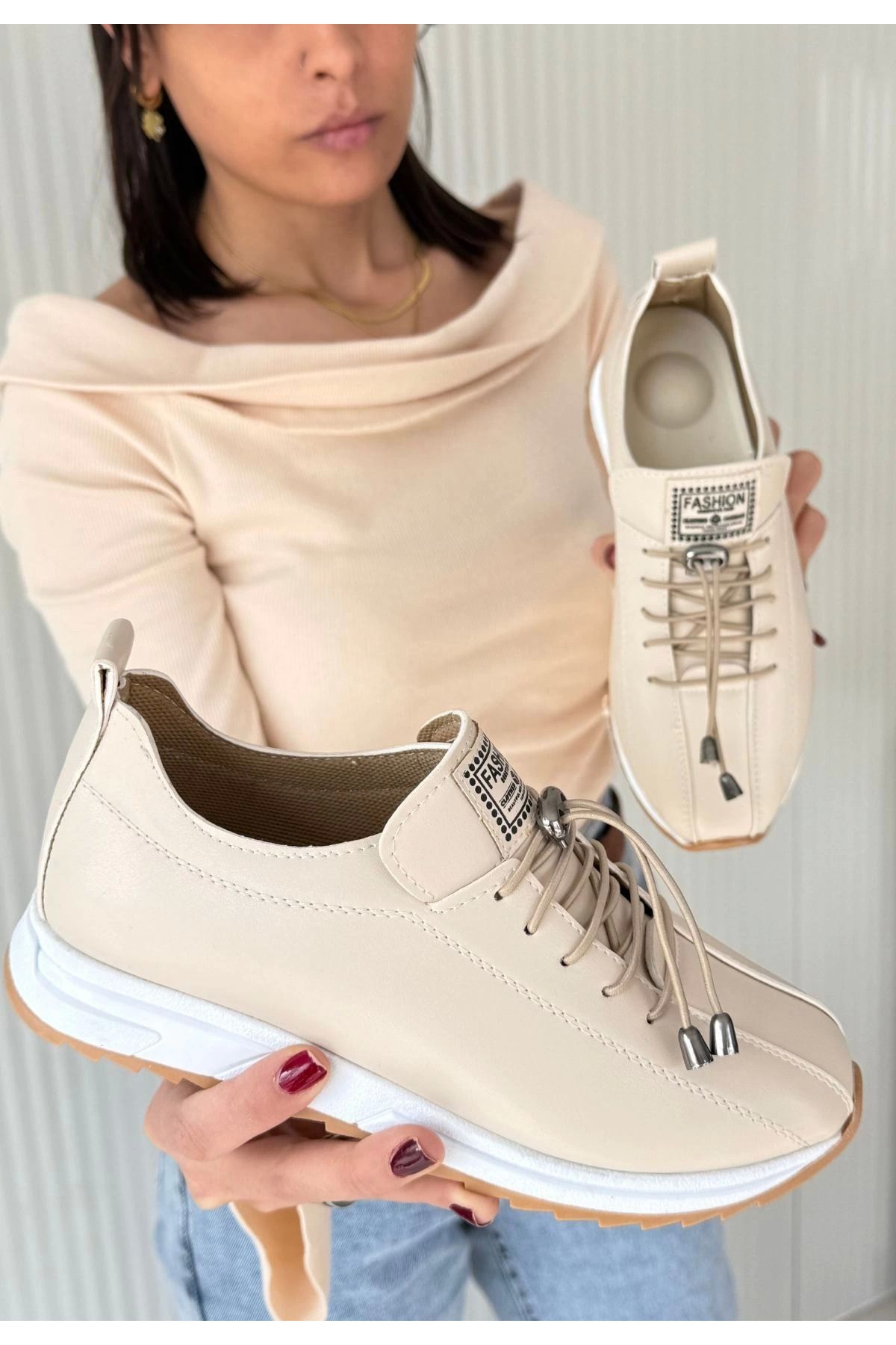 Shop58 Bej Cilt Bağcıklı Spor Ayakkabı