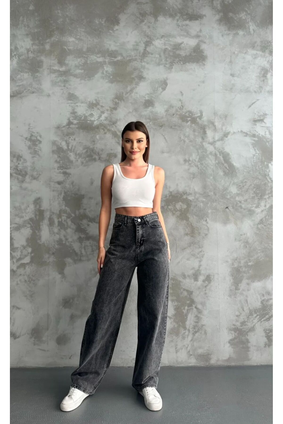 CİHAN PAPEL Medusa Füme Power Likralı Süper Yüksek Bel Salaş Jeans Palazzo Pantolon