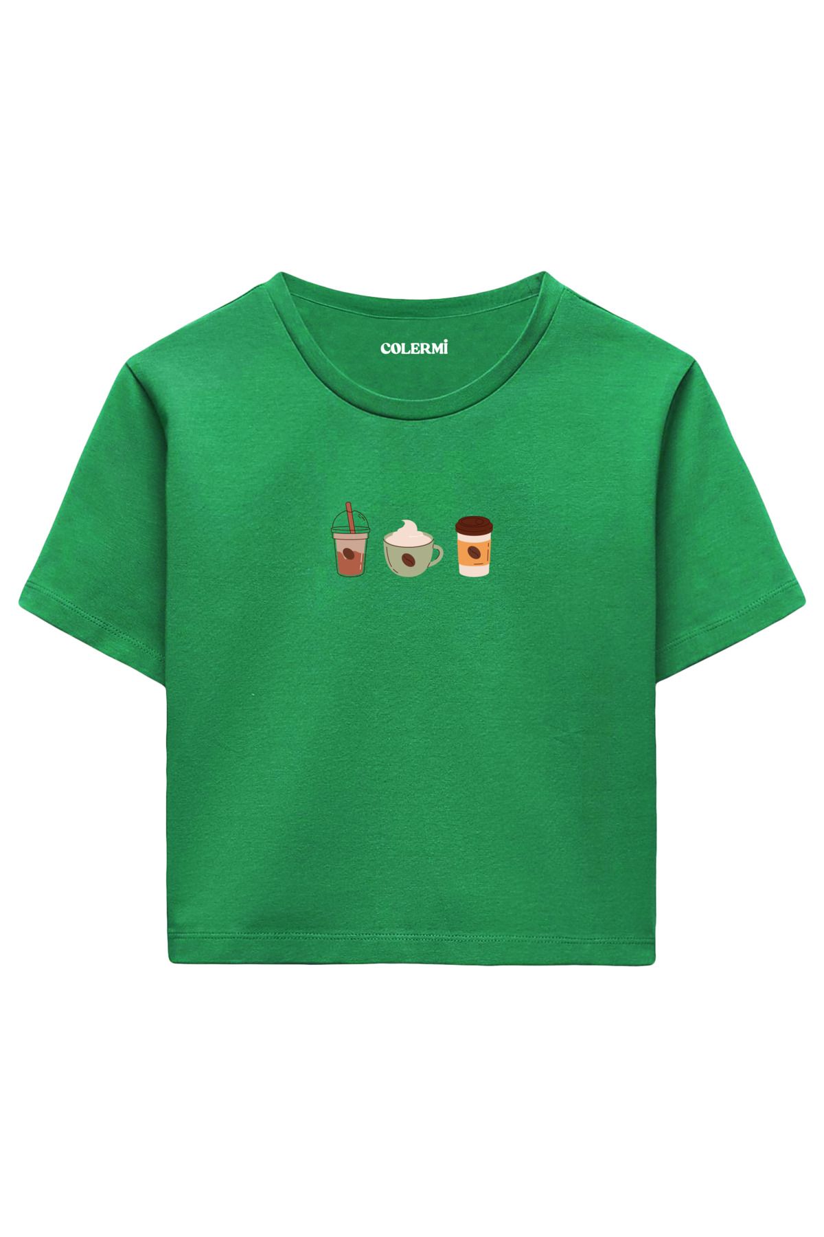 Colermi Günlük Kahve Üçlüsü Baskılı %100 Pamuk Kadın Crop Tshirt