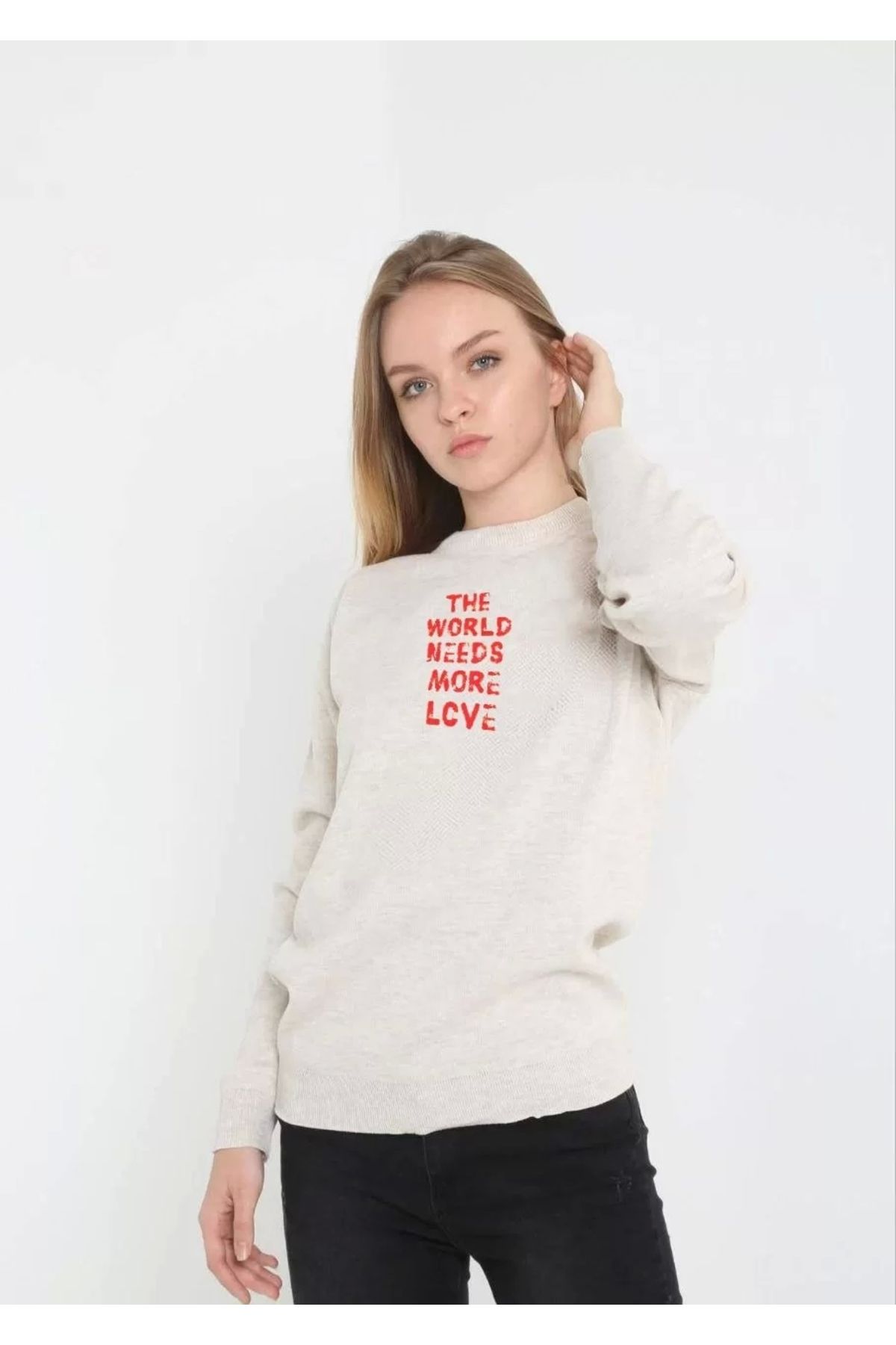 CVS Unisex Bisiklet Yaka Baskılı Dokuma Triko - Bej