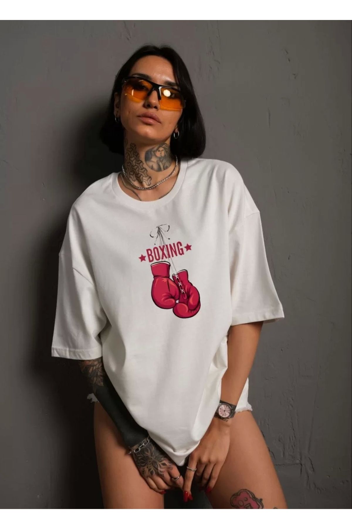 CVS Unisex Bisiklet Yaka Baskılı Oversize T-Shirt - Beyaz