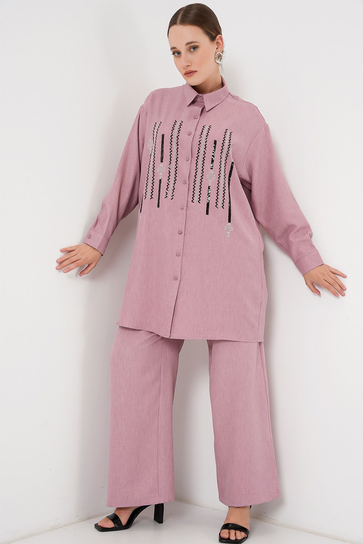 Bigdart-Patterned Tunic Trousers Double Set 6720 - Dusty Rose 3