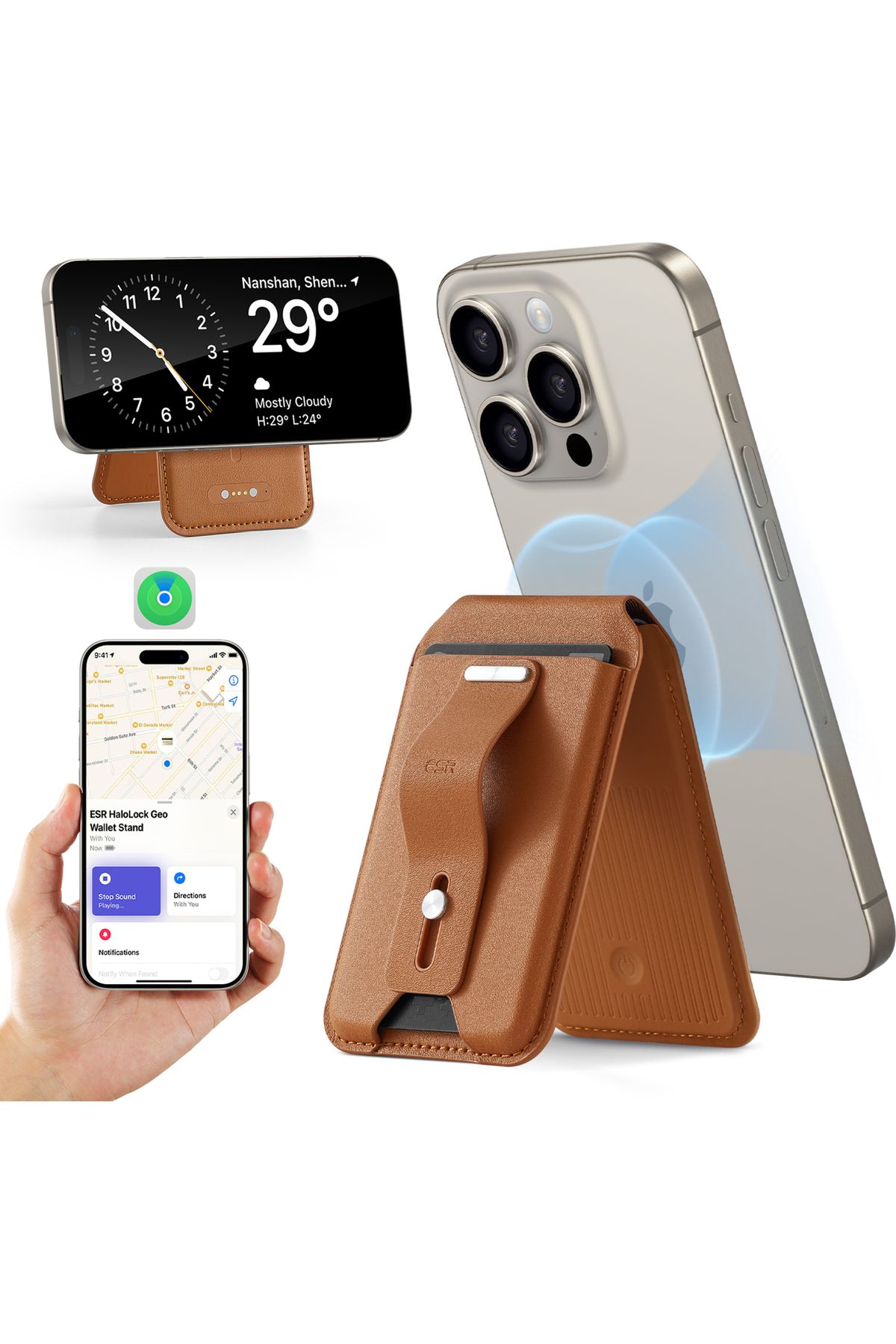 ESR iPhone Magsafe Standlı Cüzdan Halolock™ Geo Apple Find My Lisanslı - Kahverengi