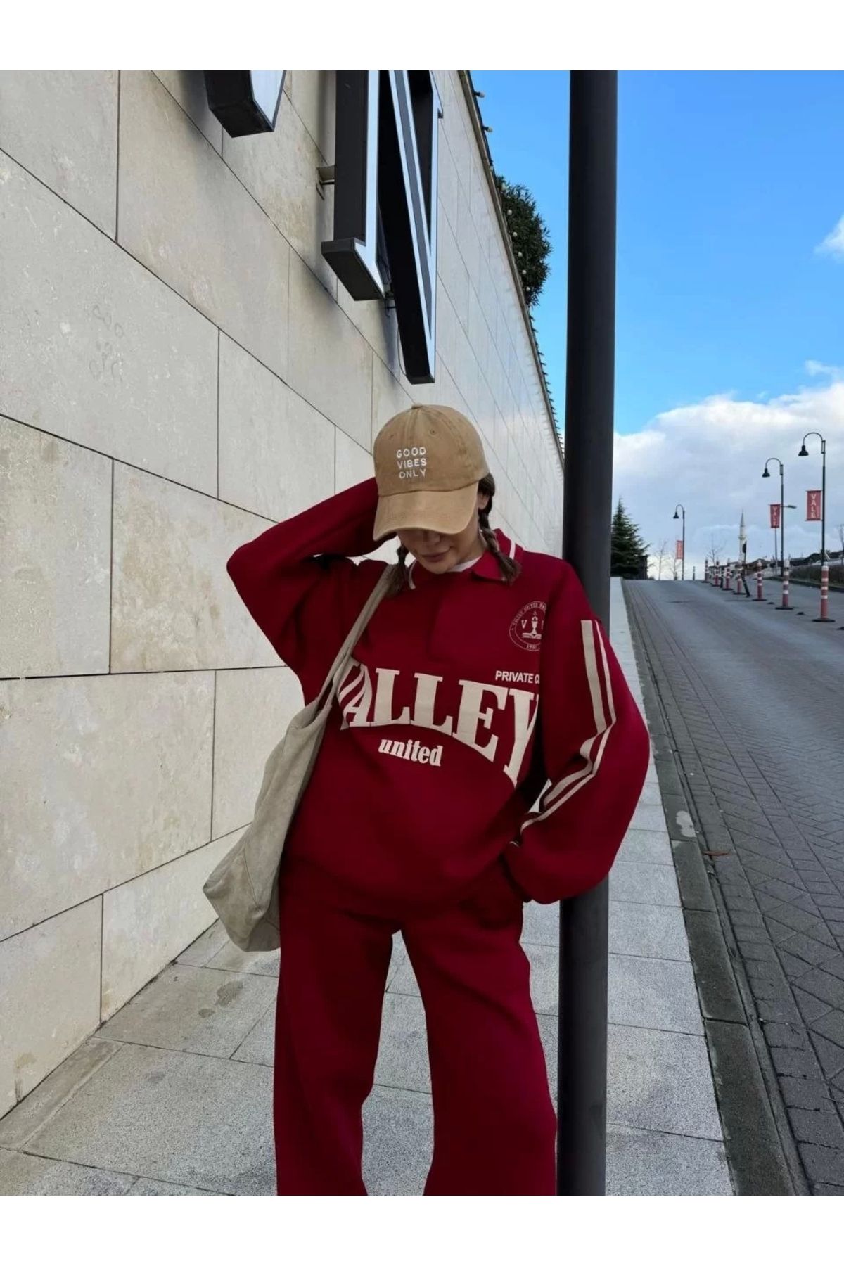 CVS Üç İplik Yakalı Sweat Baggy Pantalonlu Takım - Bordo
