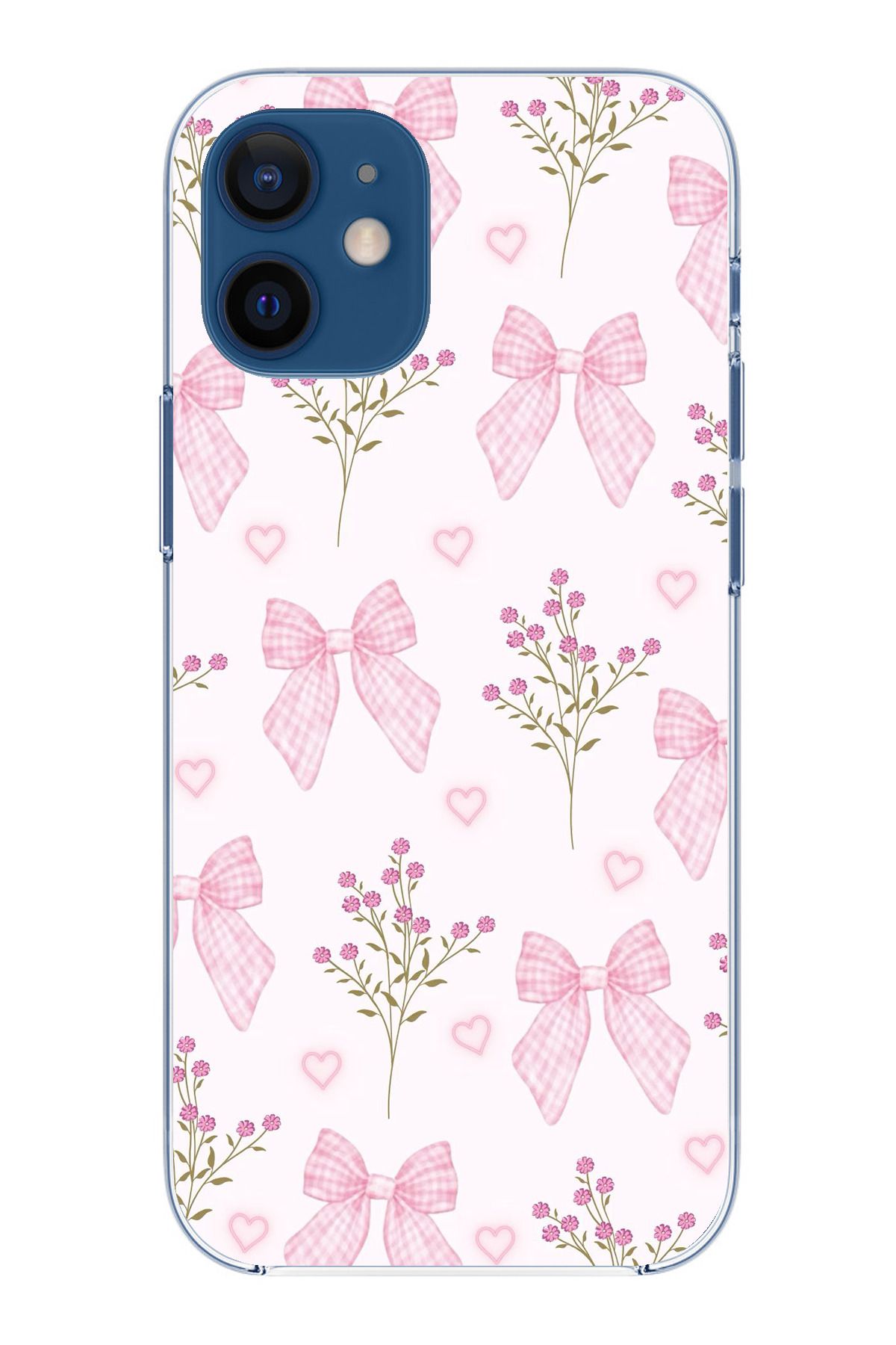 TechTree iPhone 12 Mini Uyumlu Pembe Çiçek ve Fiyonklar Şeffaf Silikon Kılıf