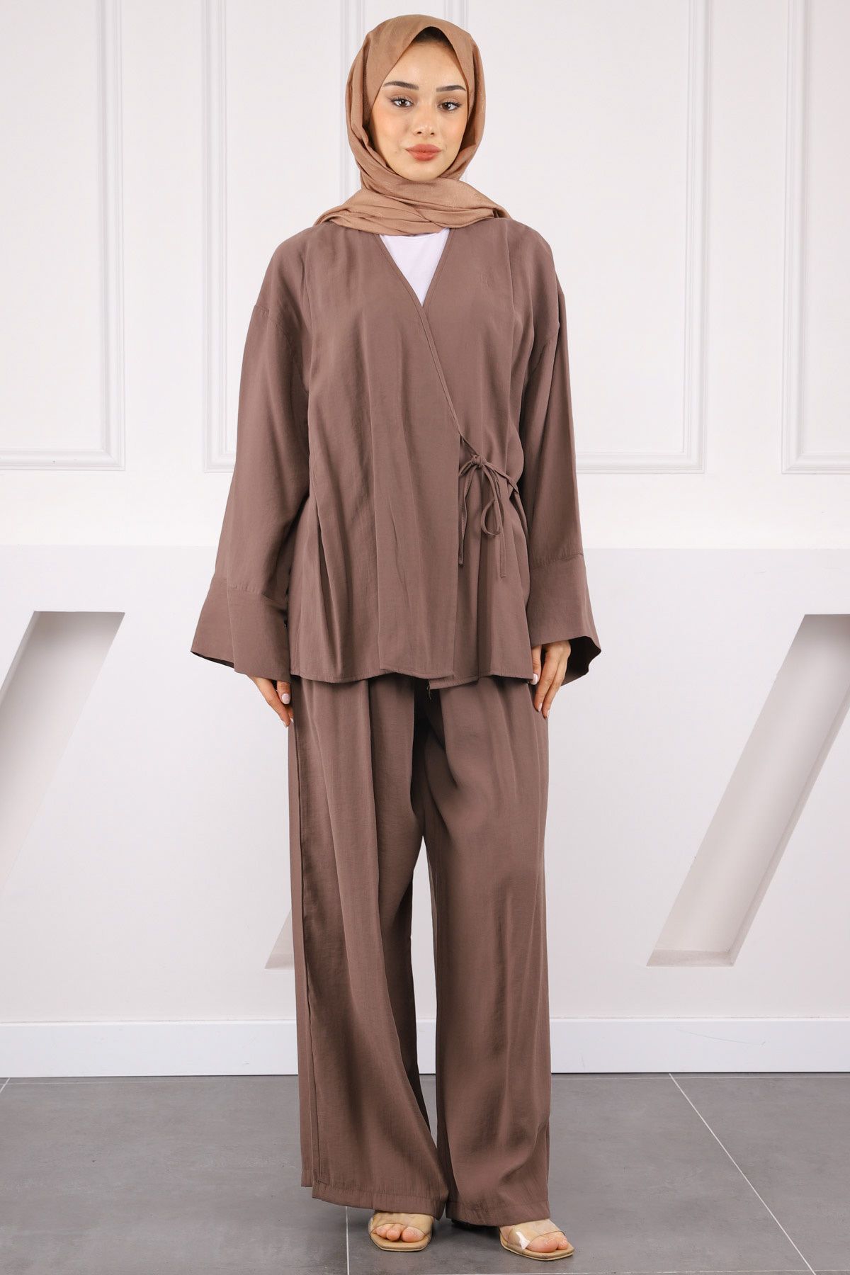 İmajButik Vizon Bel Bağlamalı Modal Kimono Pantolonlu Takım