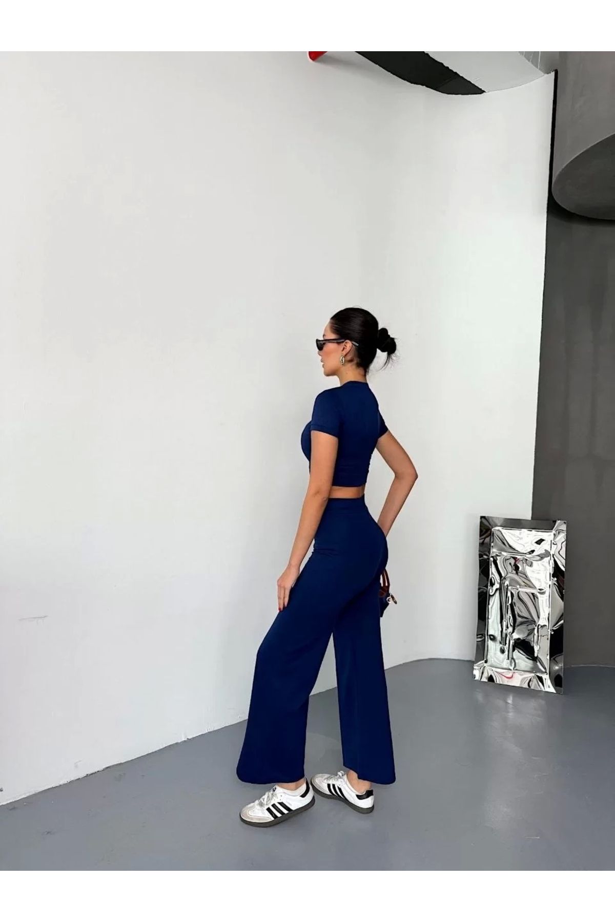 CVS Osy Modal Yumuşak Dokulu Kumaş Kısa Kollu Crop Alt ispanyol Paça Pantalon ikili Takım - Lacivert