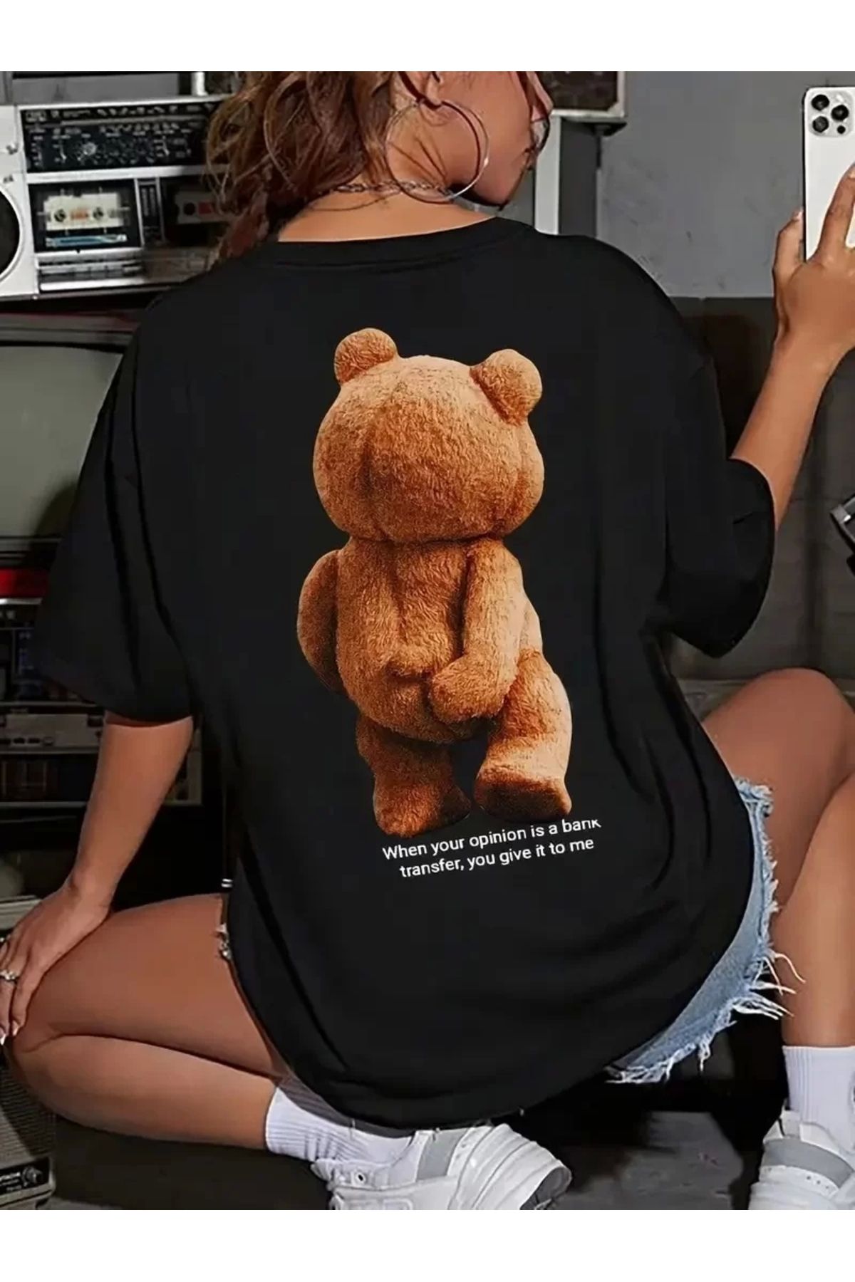 CVS Büyük Boy Ayıcık Baskılı Bisiklet Yaka T-Shirt, İlkbahar & Yaz İçin Rahat Kısa Kollu T-Shirt, Kadın