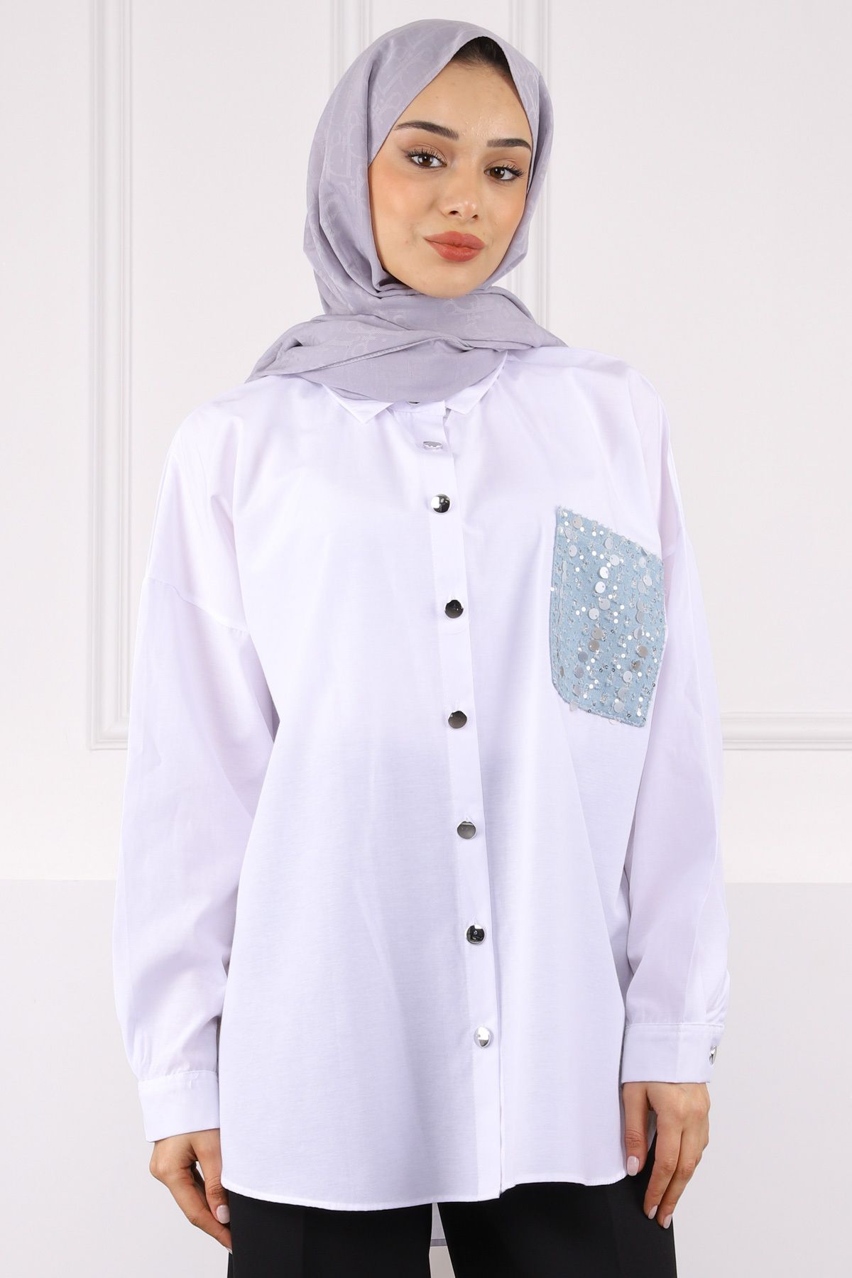 İmajButik Beyaz Cebi Pul İşlemeli Oversize Gömlek