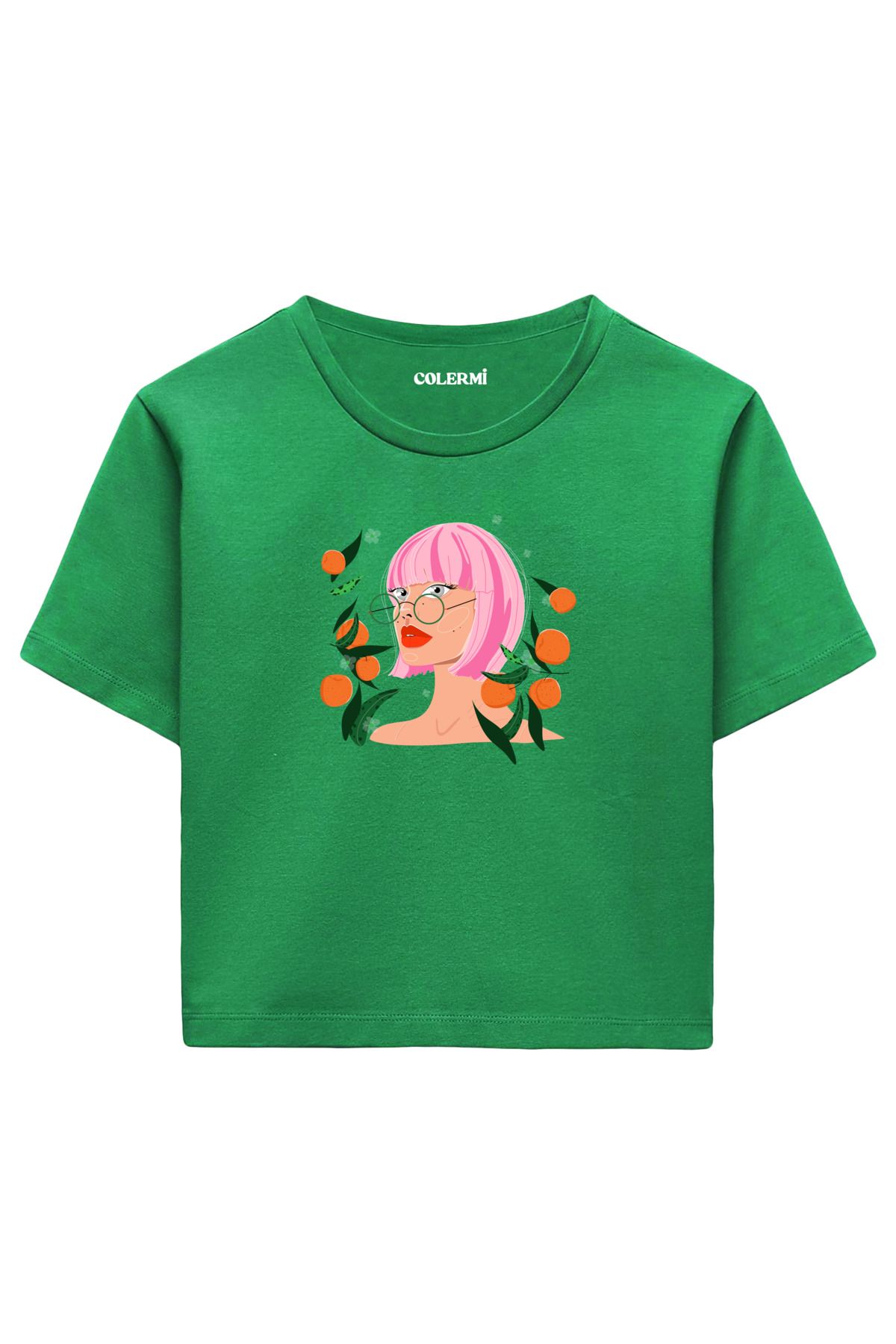 Colermi Mandalina Bahçesi Kadın İllüstrasyonlu %100 Pamuk Kadın Crop Tshirt