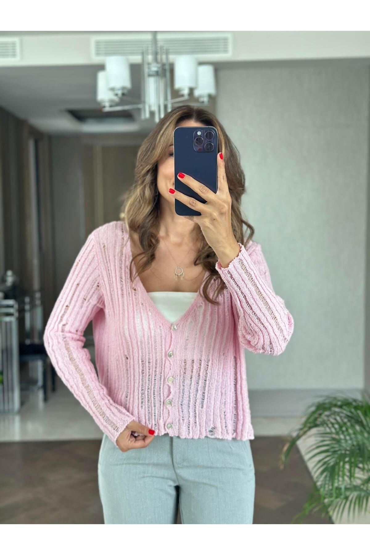 Forlady4 Pudra Dekolteli Düğmeli Triko Kadın Hırka