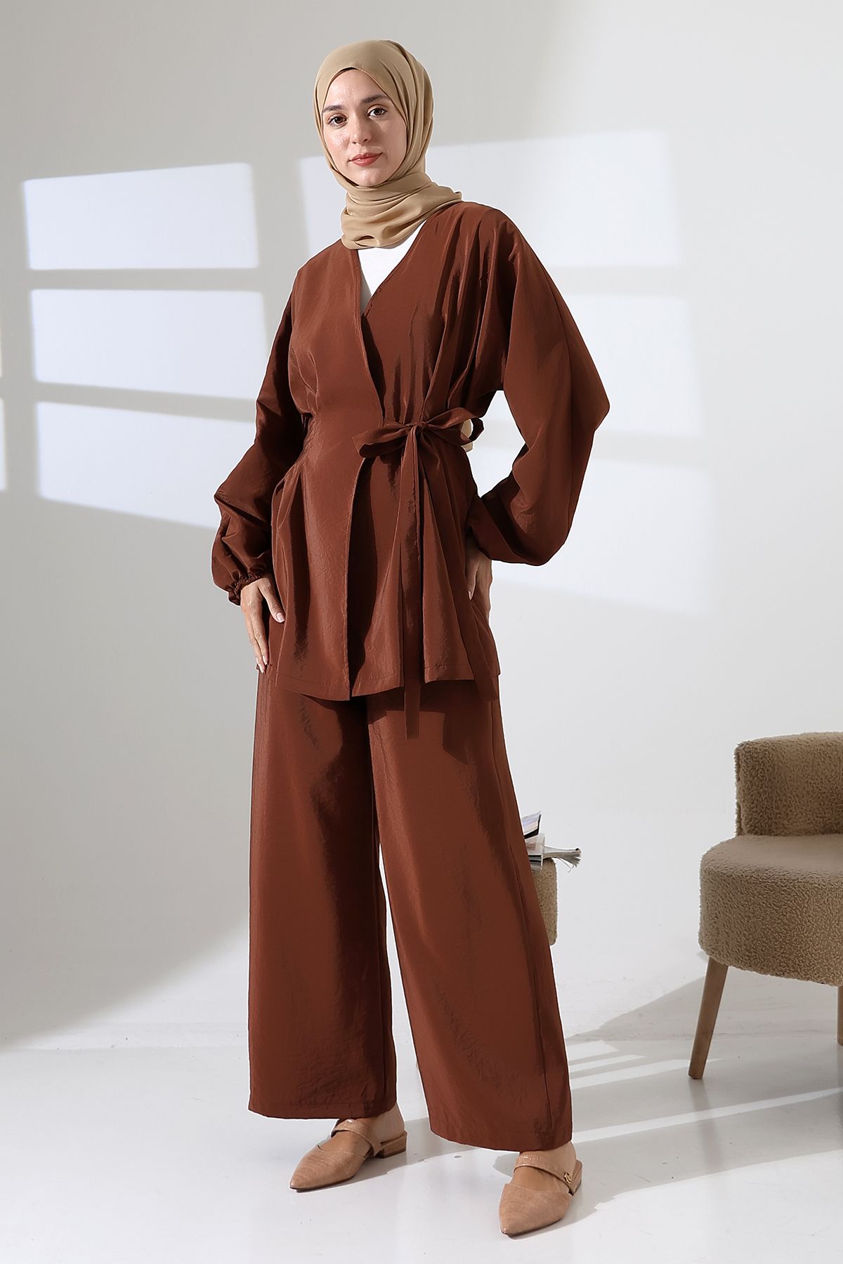 Mihran Butik Kadın 100% Pamuk Modal Kahverengi Kimono Pantolon Tesettür Takım