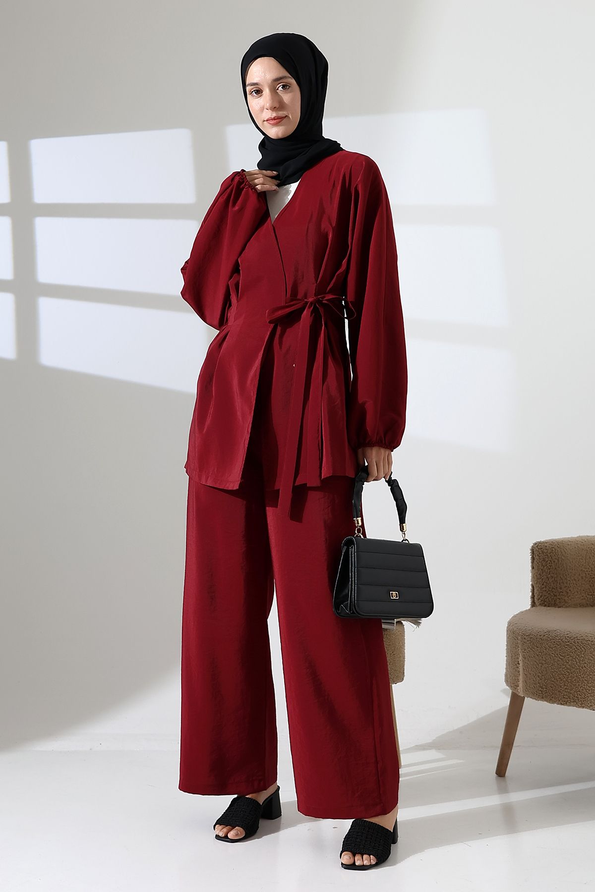 Mihran Butik Kadın 100% Pamuk Modal Bordo Kimono Pantolon Tesettür Takım