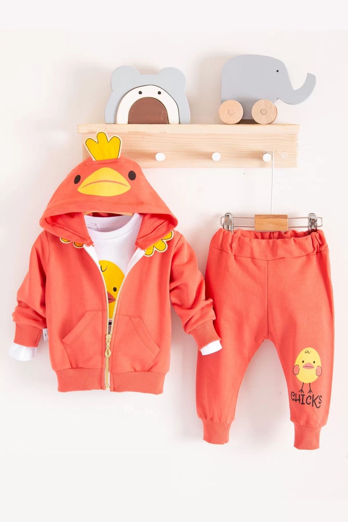 Shop58 Civciv Desenli Kapişonlu 3'lü Erkek Bebek Takımı