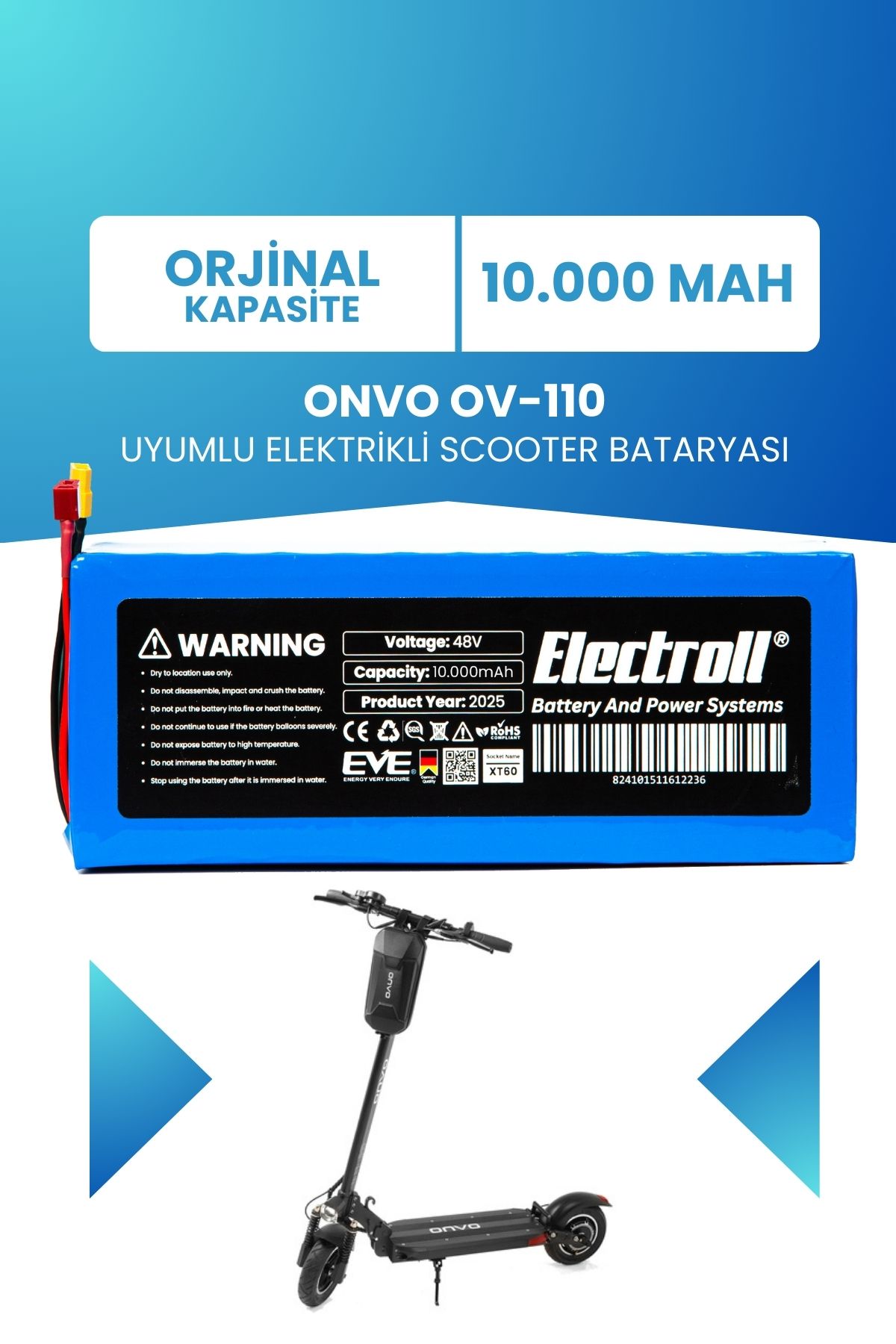 ELECTROLL Onvo Ov-110 Batarya ( KAPASİTE) 48v 10.000mah Pil Elektrikli Scooter Bataryası