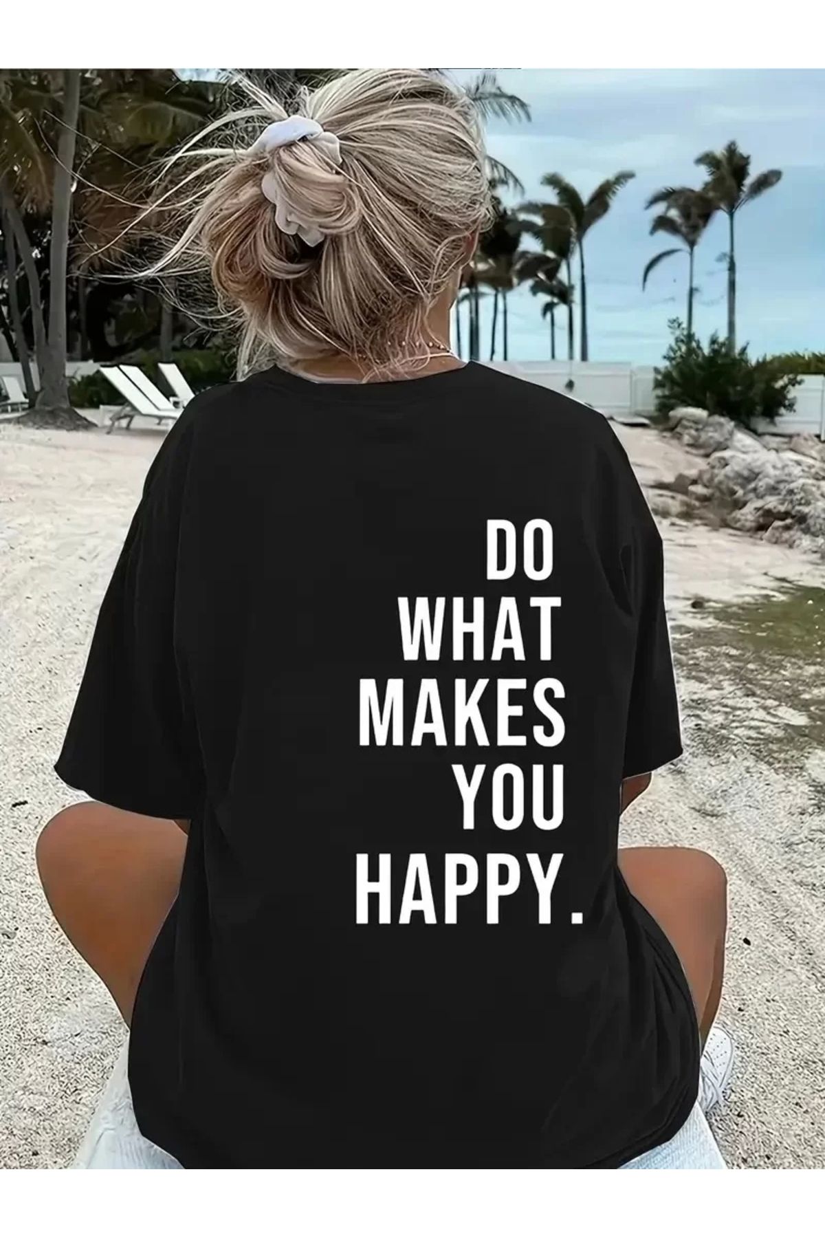 CVS Do What Makes You Happy Unisex Linemen Oversize Baskılı T-shirt - Siyah