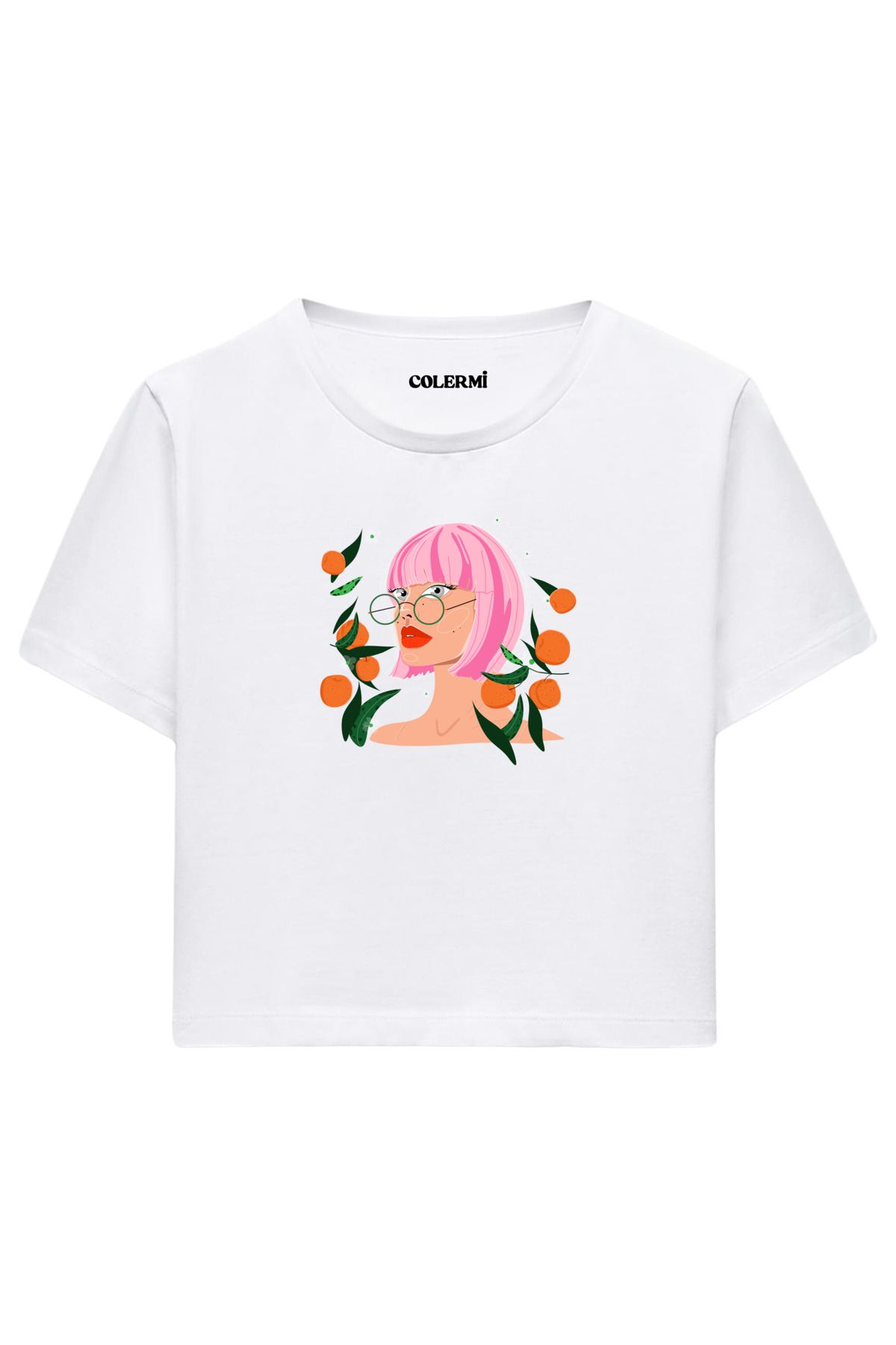 Colermi Mandalina Bahçesi Kadın İllüstrasyonlu %100 Pamuk Kadın Crop Tshirt