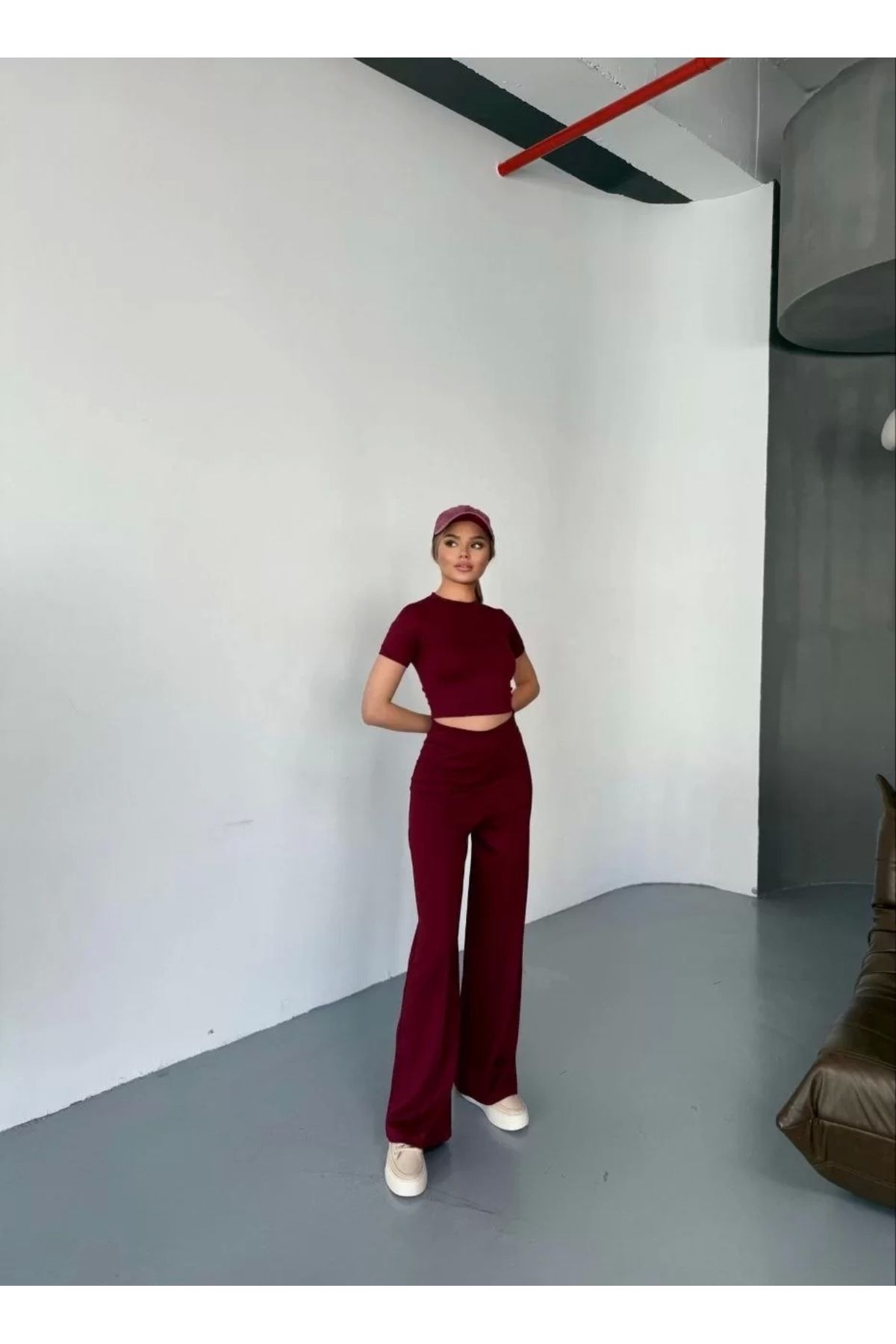 CVS Osy Modal Yumuşak Dokulu Kumaş Kısa Kollu Crop Rahat Pantalon İkili Takım - Bordo