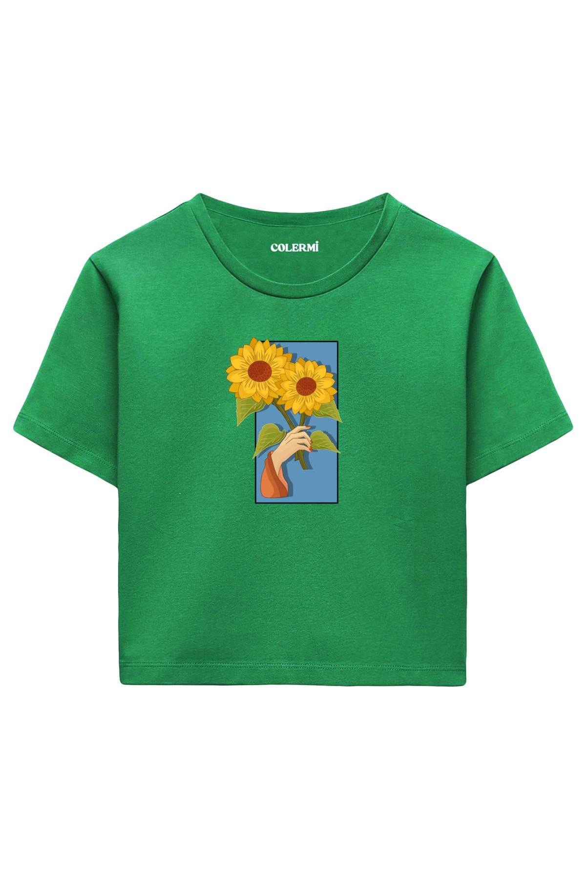Colermi Ayçiçeği Tutulmuş %100 Pamuk Kadın Crop Tshirt