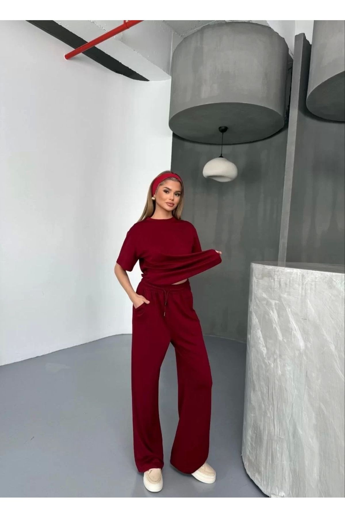 CVS Osy Modal Yumuşak Dokulu Kumaş Kısa Kollu Bluz Rahat Pantalon ikili Takım- Bordo