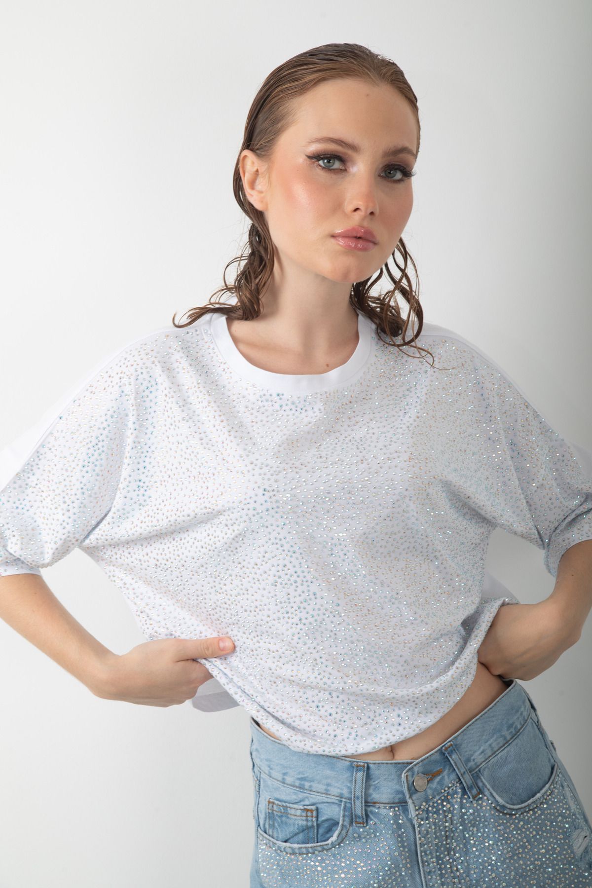 top girl Parlak Taş Detaylı Kadın Oversize Crop Tişört