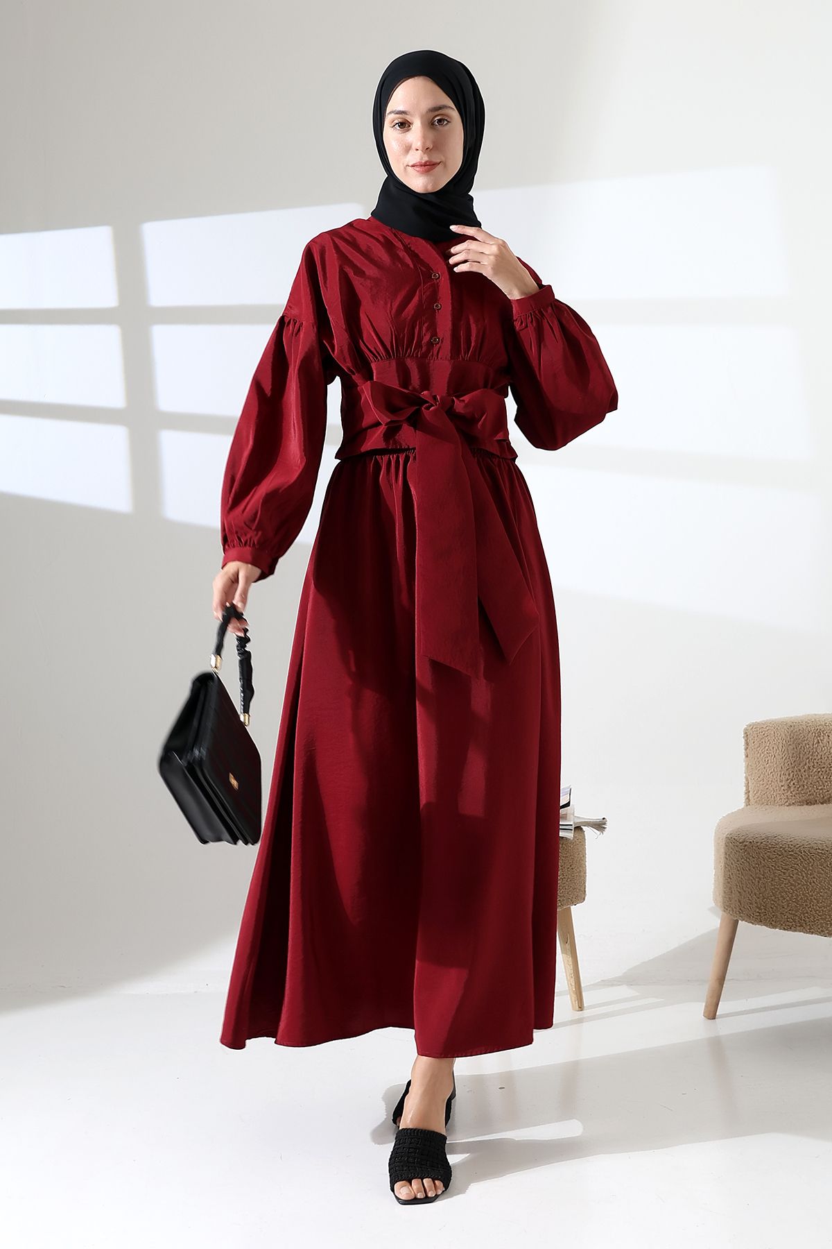 Mihran Butik Kadın 100% Pamuk Modal Bordo Gömlek Etek Tesettür Takım