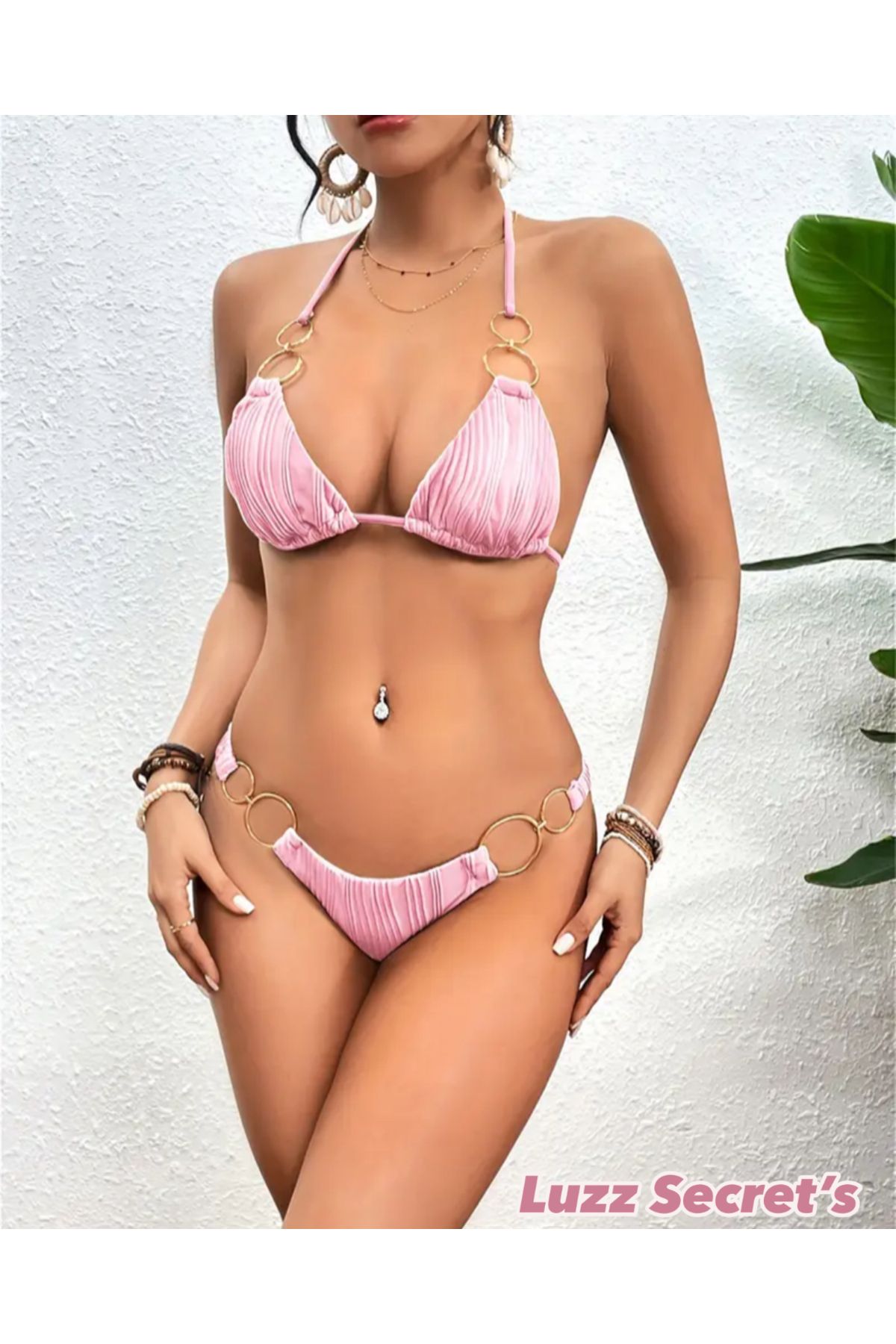 LUZZ SECRET'S PINK EDITION DOKULU ÖZEL KUMAŞ GOLD AKSESUAR DETAYLI LUXURY BIKINI SETİ