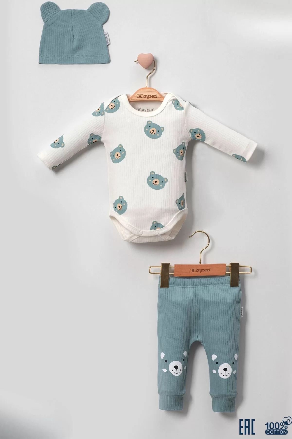Shop58 Kulaklı Ayıcık % 100 Pamuk 3'lü Erkek Bebek Takım