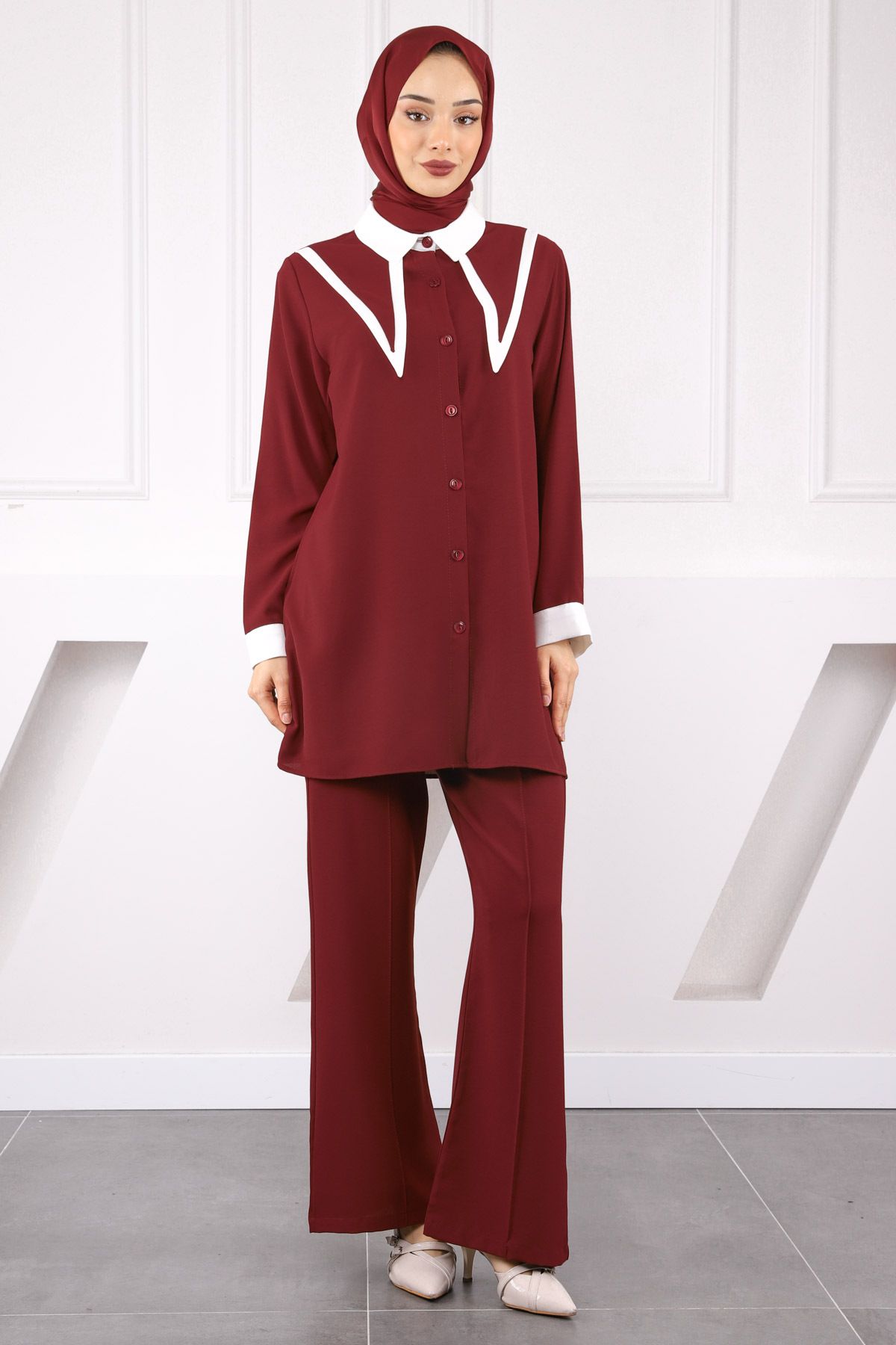 İmajButik Bordo Yaka Detaylı Tunik Pantolonlu Takım